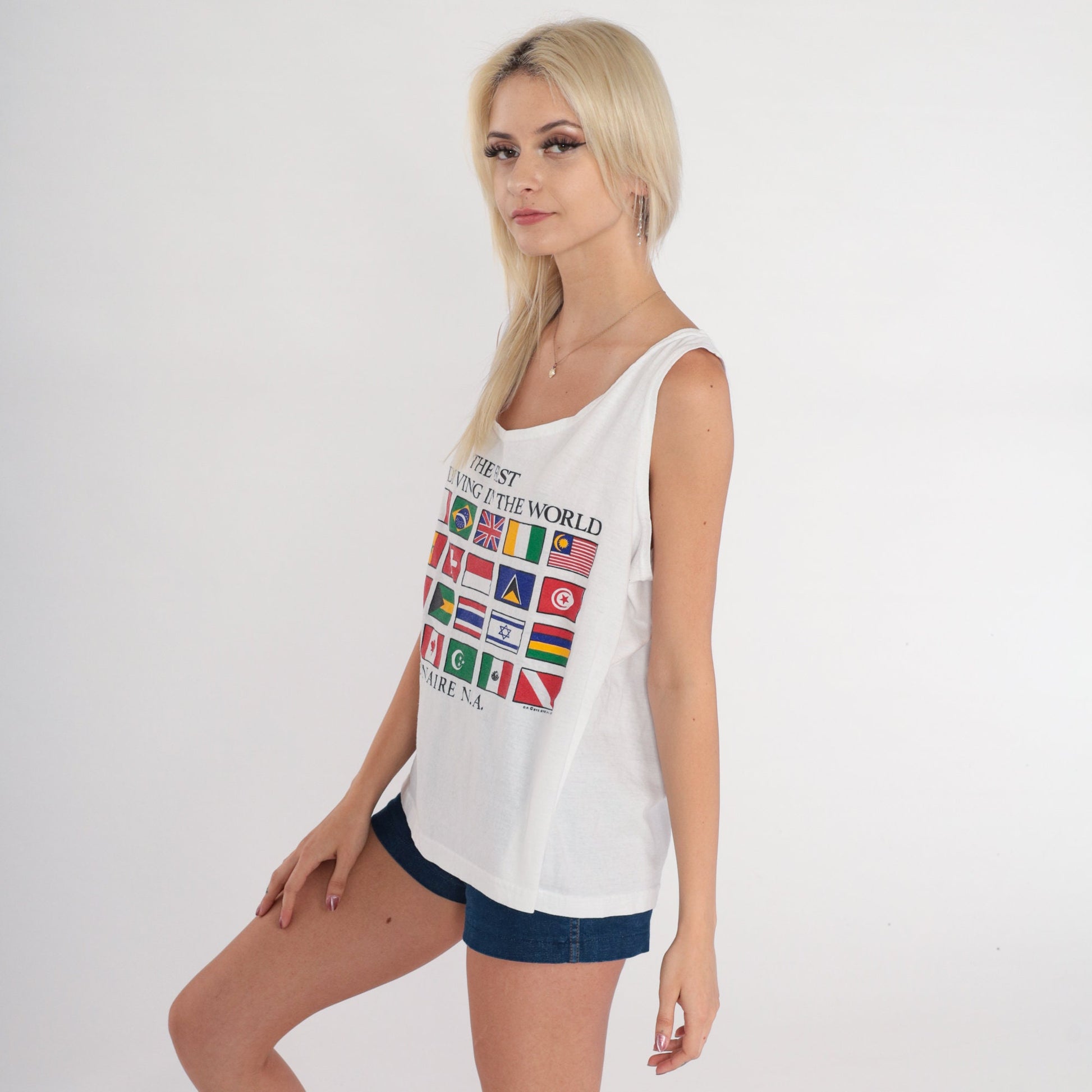 90s Bonaire Scuba Diving Flag Tank Top White Graphic Tee Large L