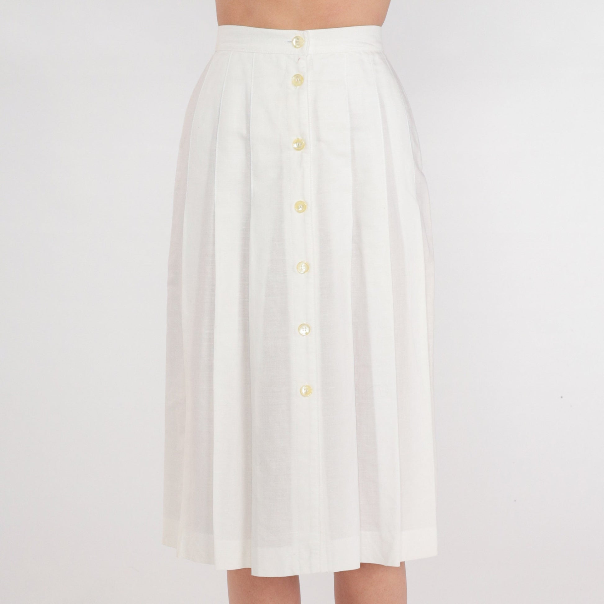 80s White Pleated Midi Skirt High Waisted Button Front XXS