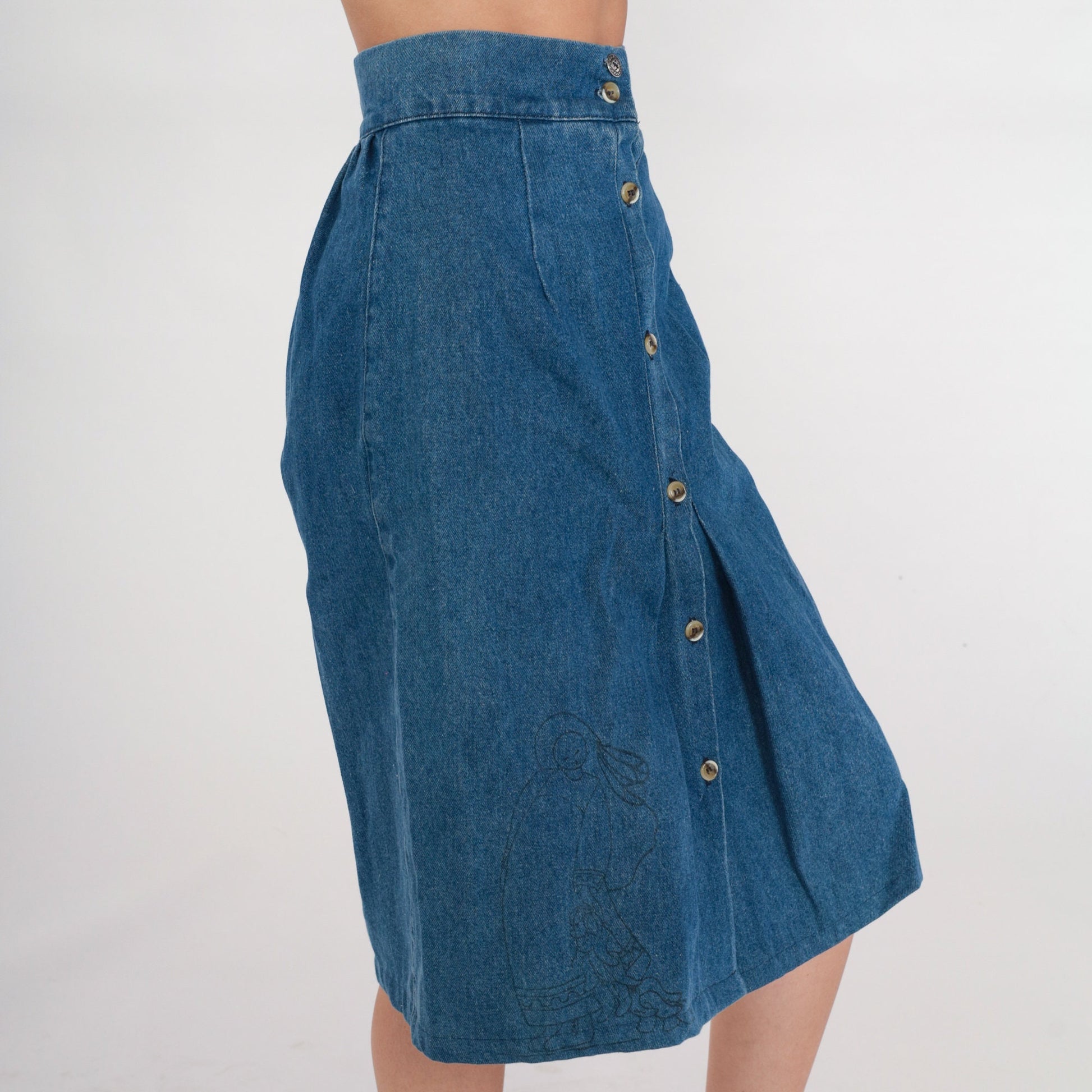 90s Luskys Denim Midi Skirt Blue High Waisted Button Front A-Line Extra Small