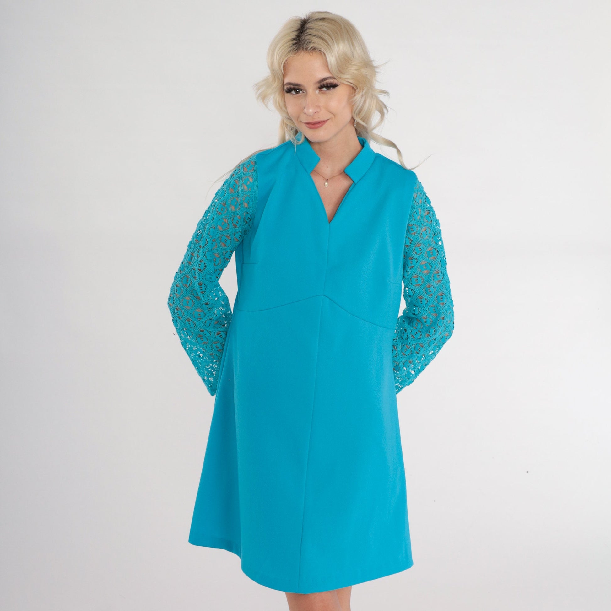 70s Blue Mini Dress Lace Sleeve Empire Waist Shift Dress Medium