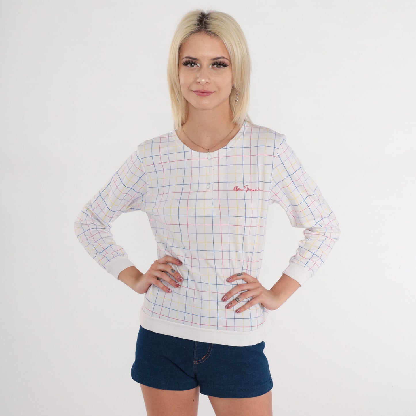 80s San Francisco Checkered Snap Shirt White Long Sleeve Small