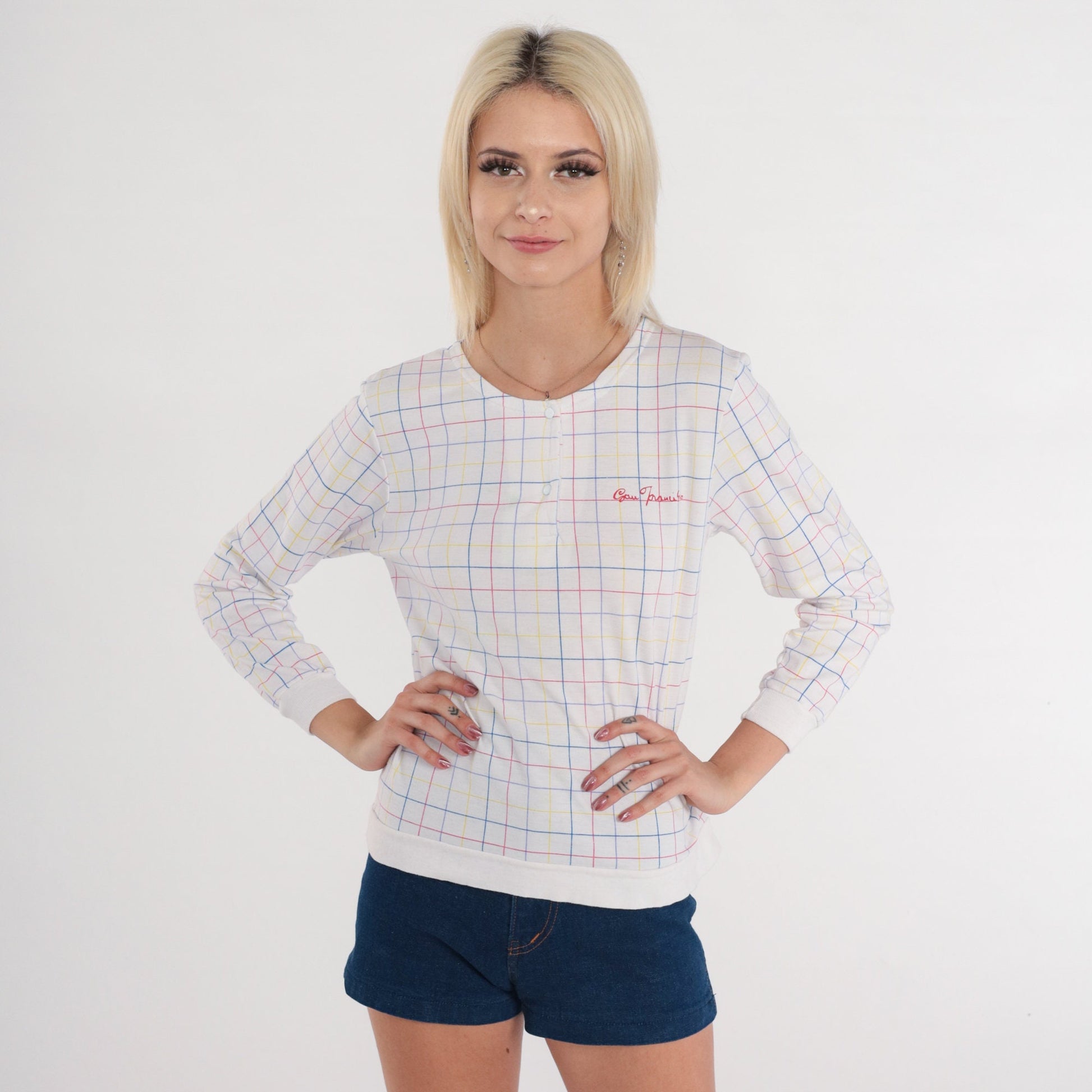 80s San Francisco Checkered Snap Shirt White Long Sleeve Small