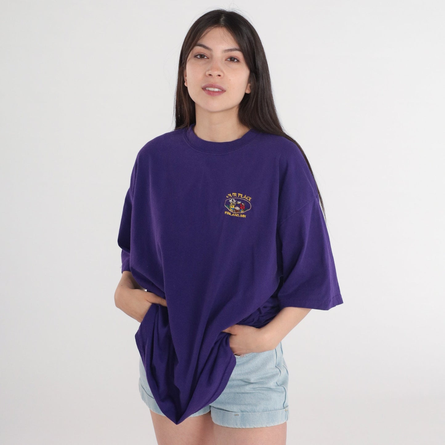 90s Our Place Finland Minnesota Graphic T-Shirt Purple Embroidered Extra Large