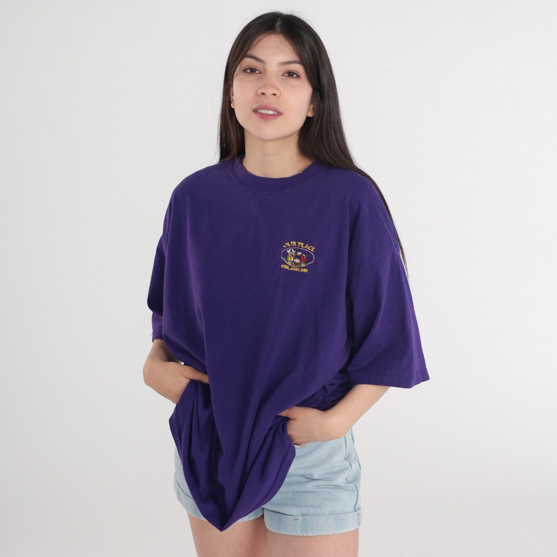 90s Our Place Finland Minnesota Graphic T-Shirt Purple Embroidered Extra Large