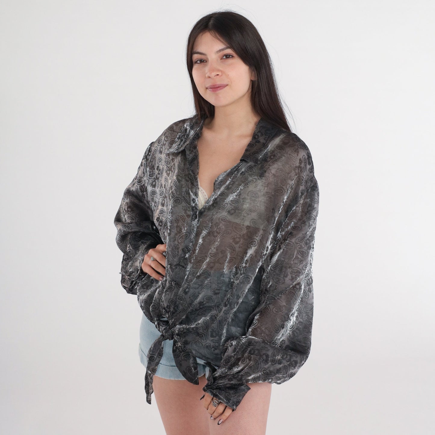 90s Iridescent Paisley Button-Up Blouse Pewter Sheer Long Sleeve Plus Size 26W