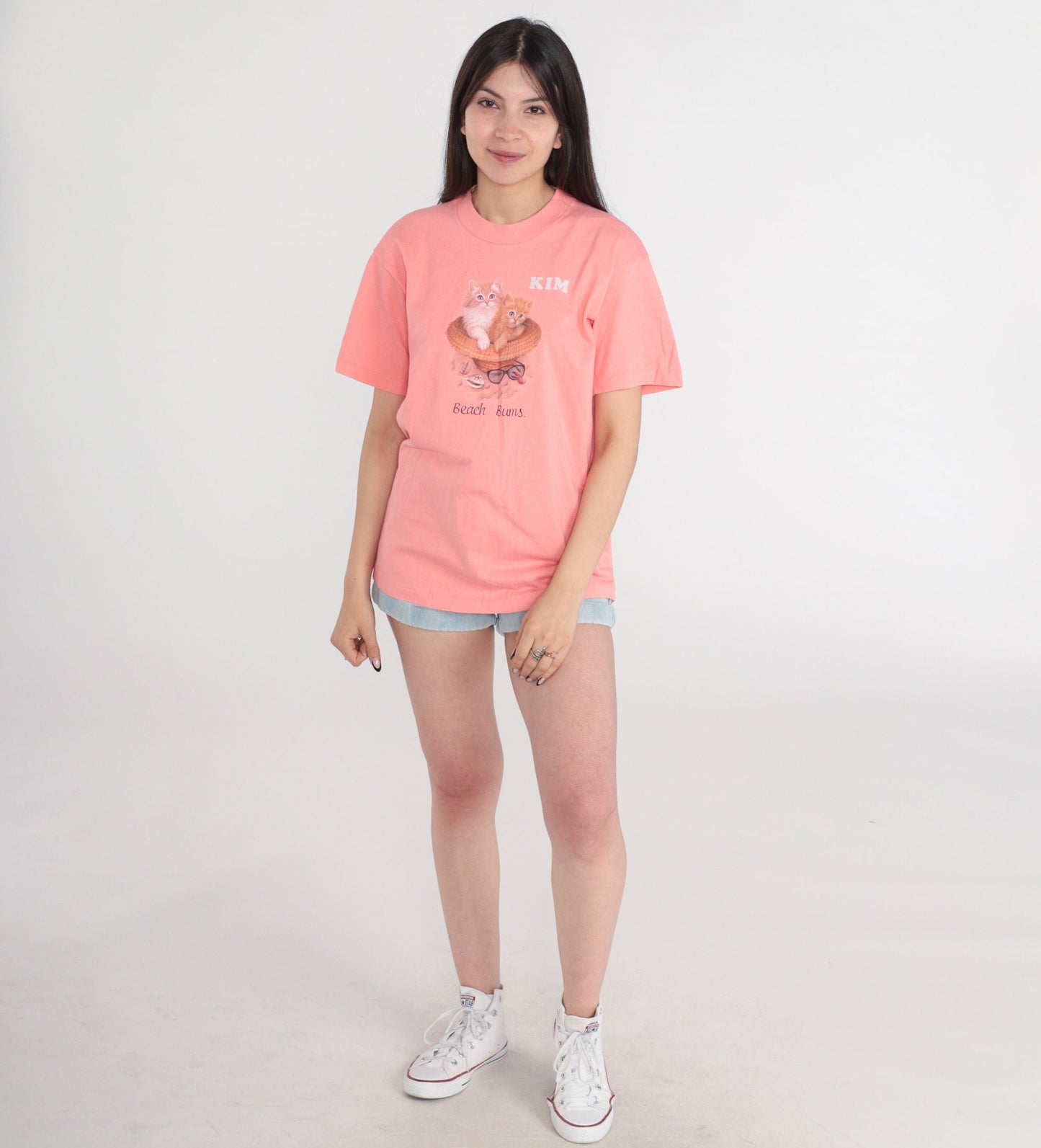 90s Beach Bums Cat Graphic T-Shirt Pink Kitten Tee Medium