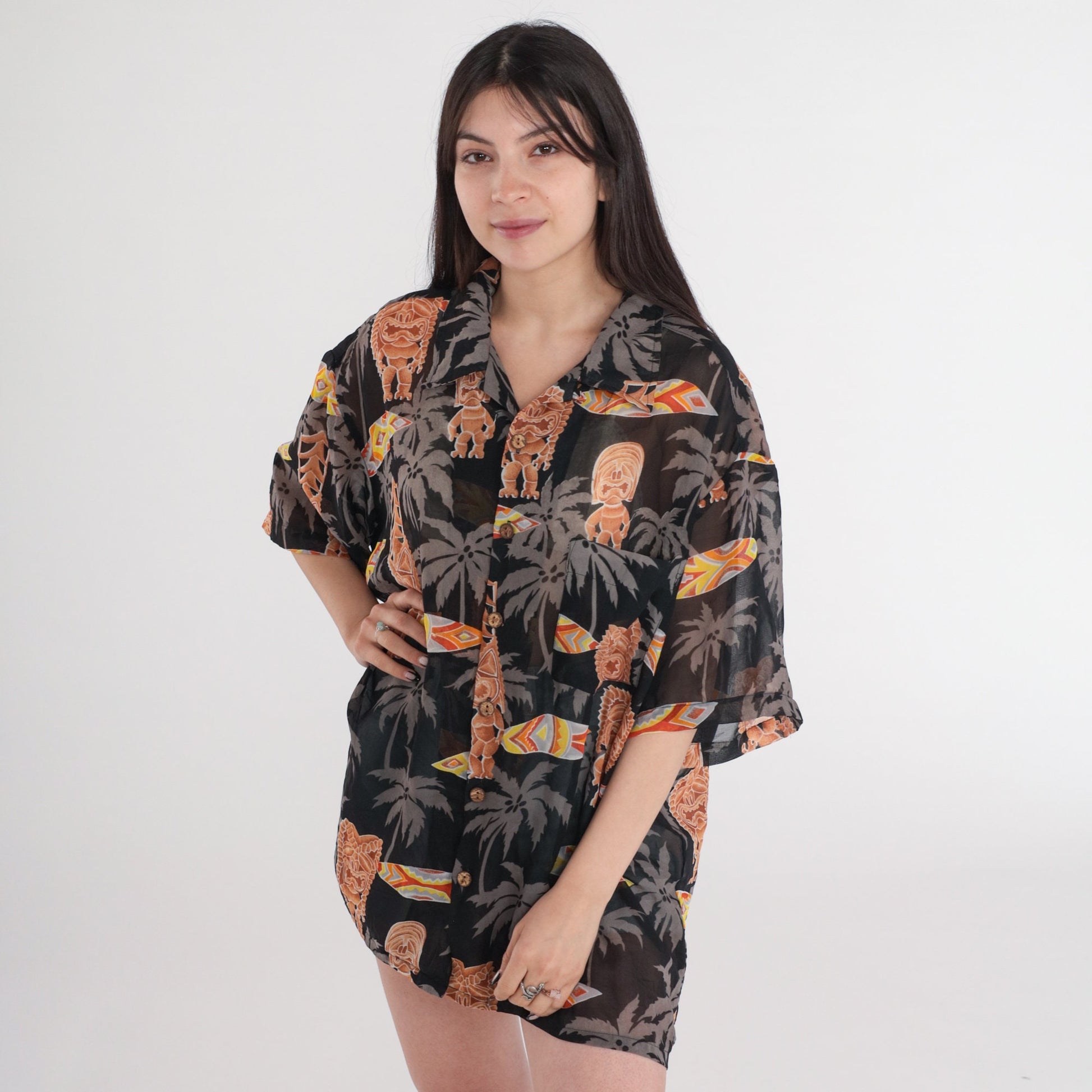 Y2K Hawaiian Tiki Surfboard Button-Up Shirt Black Extra Large XXL