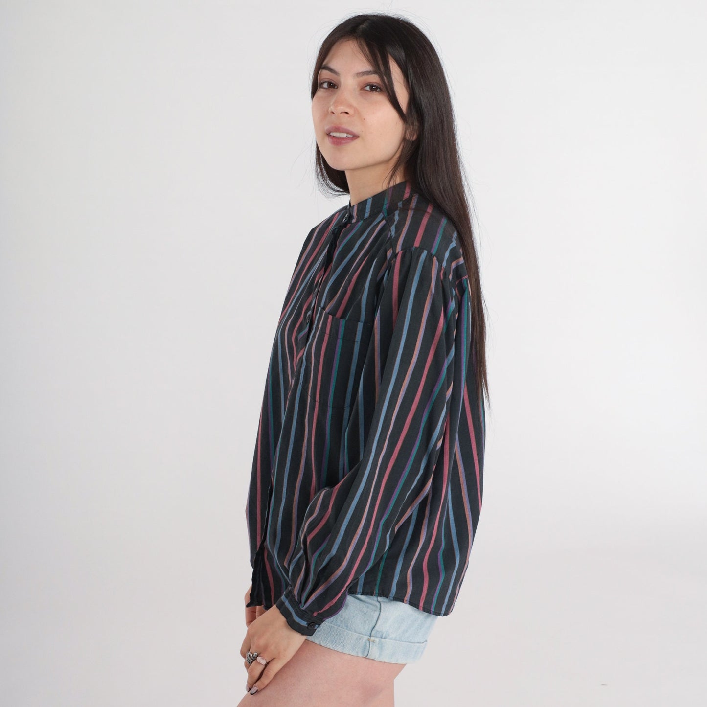 90s Black Striped Button-Up Blouse Chest Pocket Long Sleeve Medium