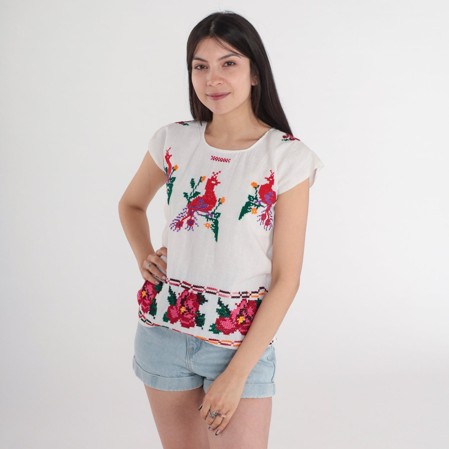 1990s Mexican Embroidered Peacock Blouse White Cotton Tunic Extra Small