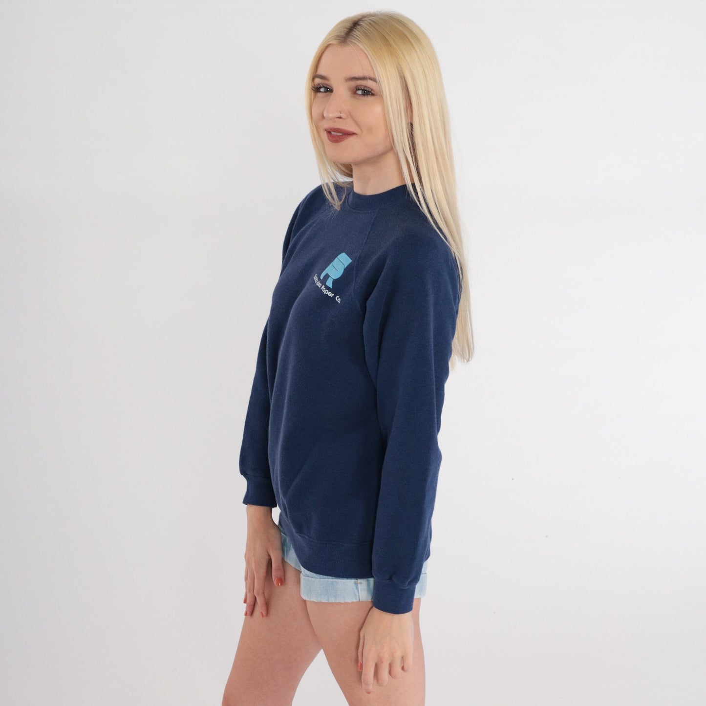 90s Santa Rosa Paper Co Logo Sweatshirt Navy Raglan Crewneck Medium M