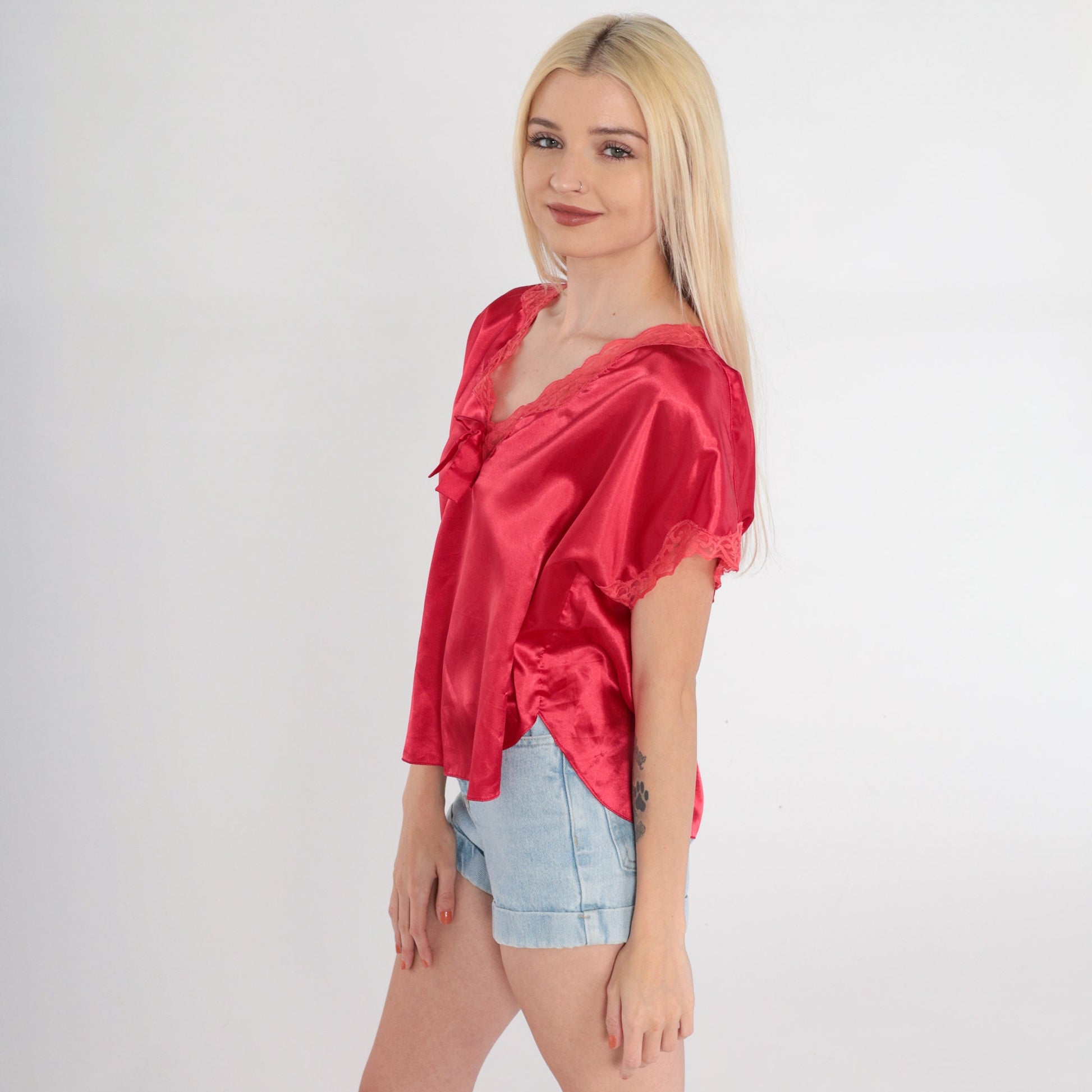 90s Victoria's Secret Red Lace Pajama Top V-Neck Short Sleeve Medium M