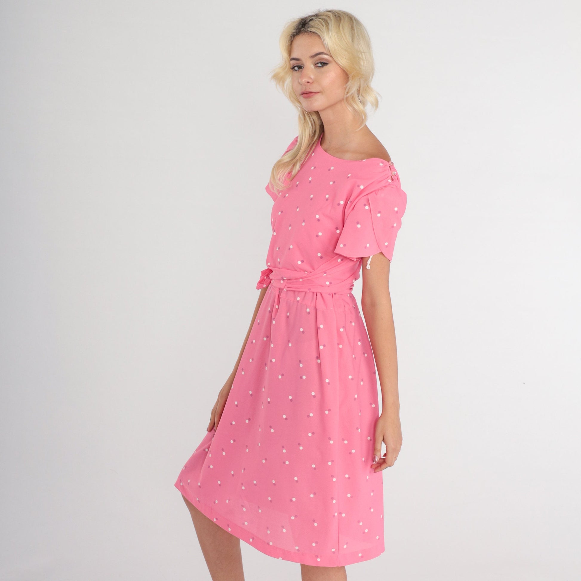70s Pink Floral Midi Dress Puff Sleeve High Waist Tie Belt Knee Length Medium M