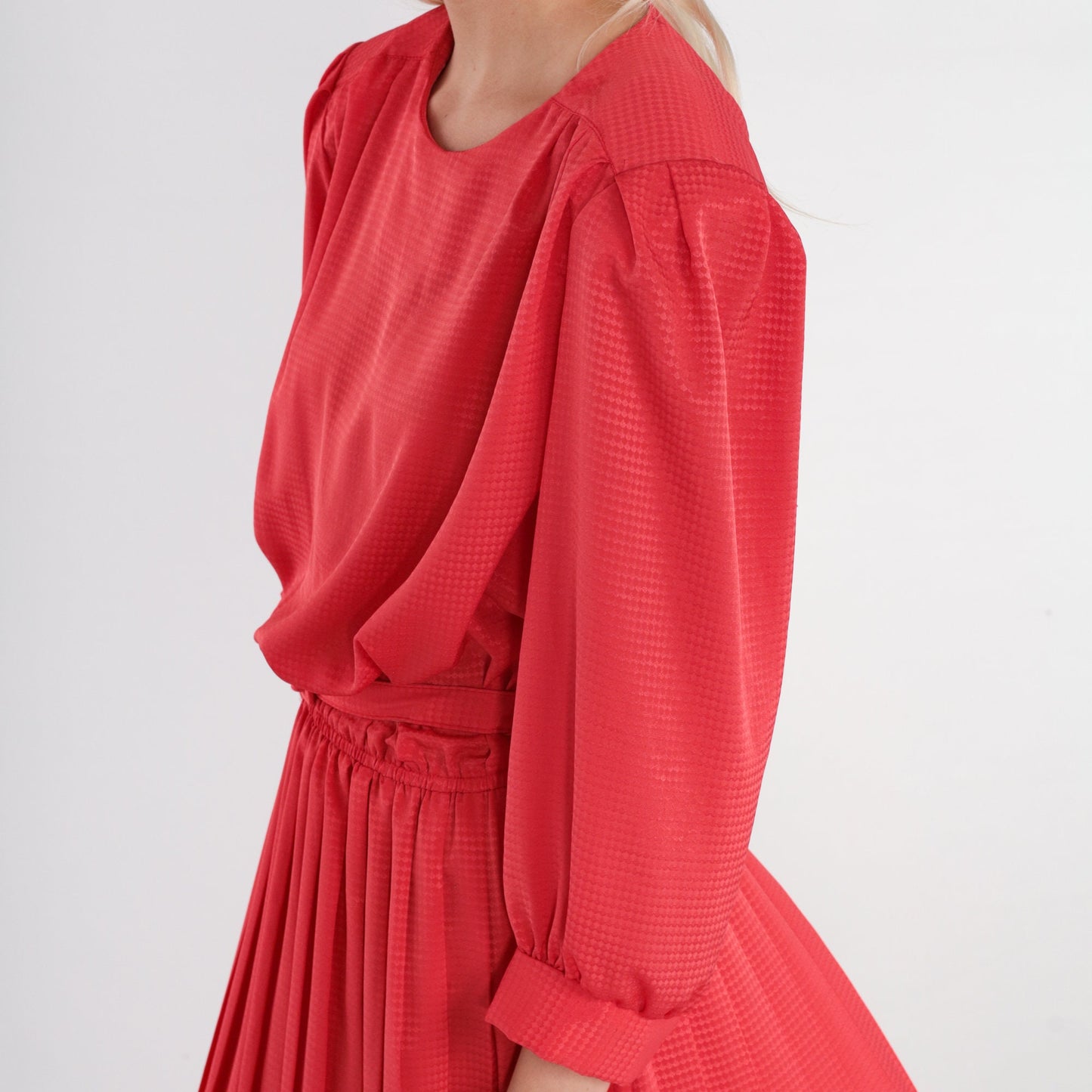 80s Red Diamond Print Midi Dress Puff Sleeve High Waisted Belted Small Medium