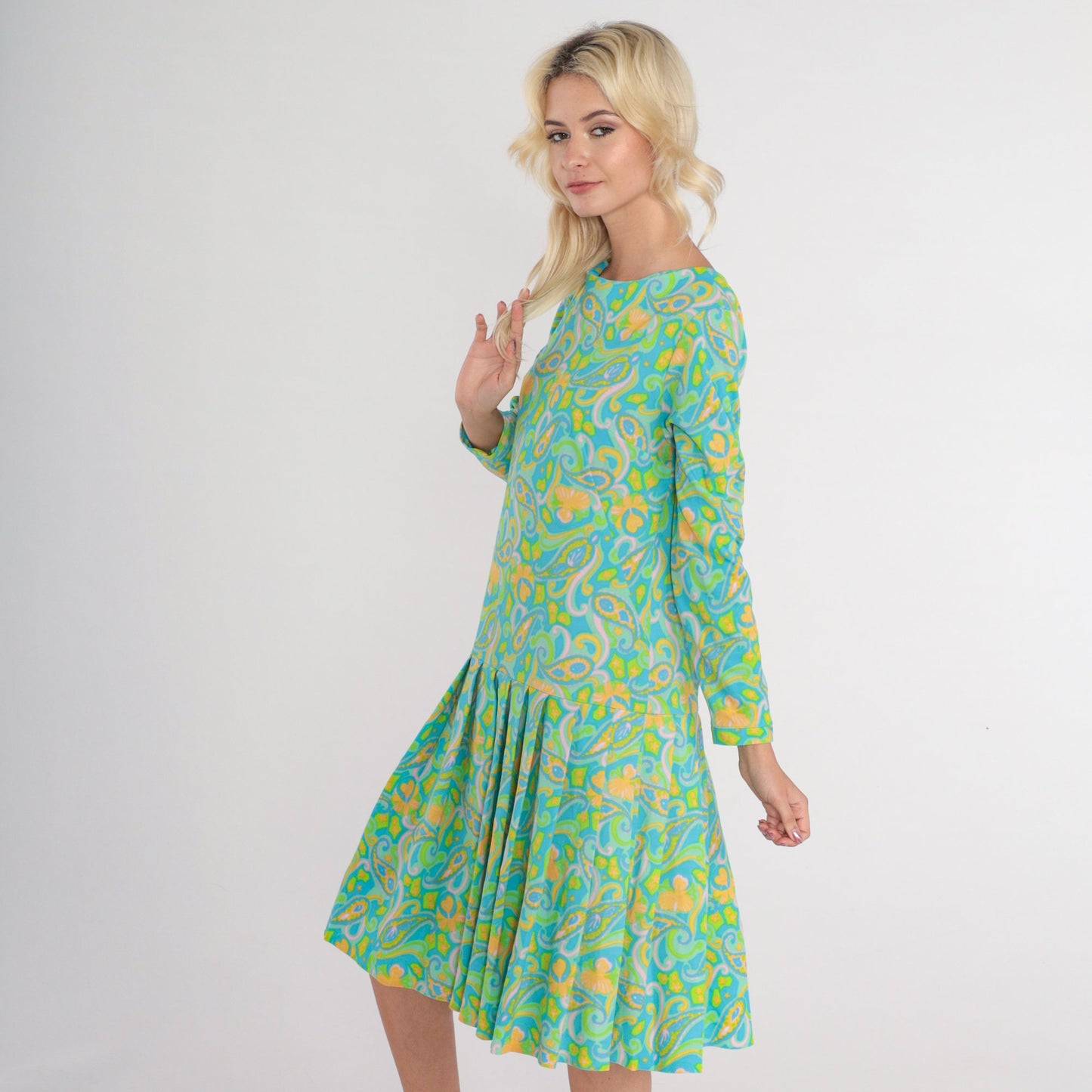 70s Green Paisley Midi Dress Long Sleeve Drop Waist Pleated Large L