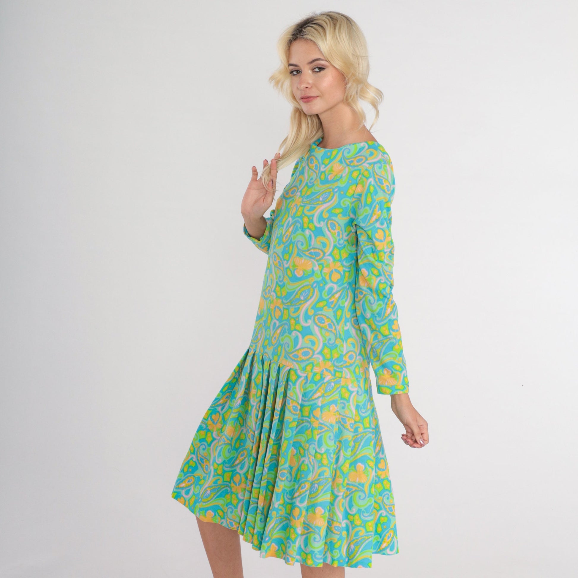 70s Green Paisley Midi Dress Long Sleeve Drop Waist Pleated Large L