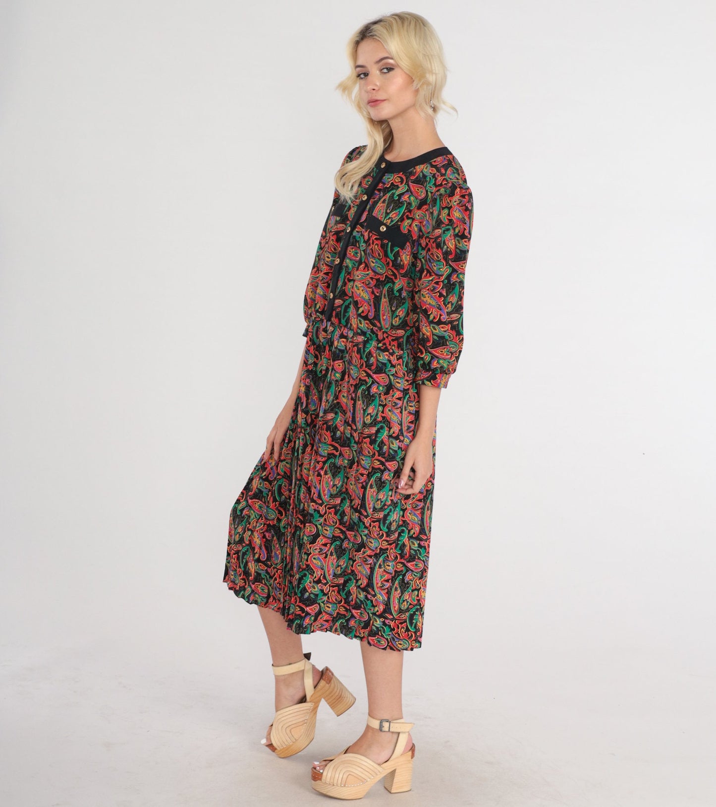 80s Black Paisley Midi Dress Puff Sleeve Button-Up Shirtwaist Medium M