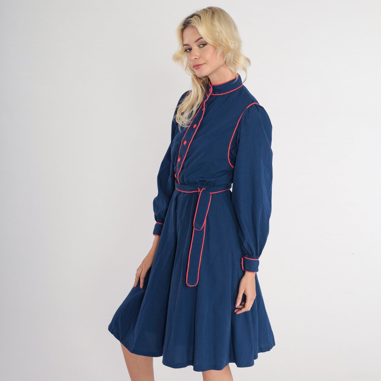 80s Navy Blue Shirtwaist Dress Puff Sleeve Mock Neck Belted Knee Length Extra Small