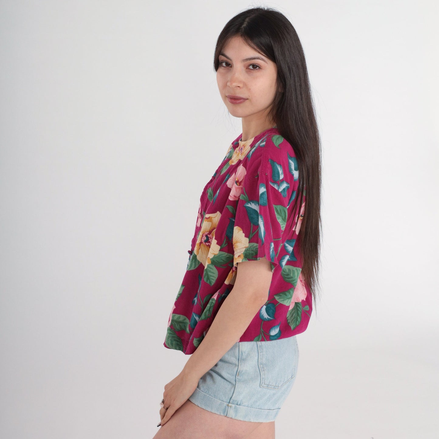 90s Liz Claiborne Floral Button-Up Blouse Fuchsia Pink Short Sleeve Medium
