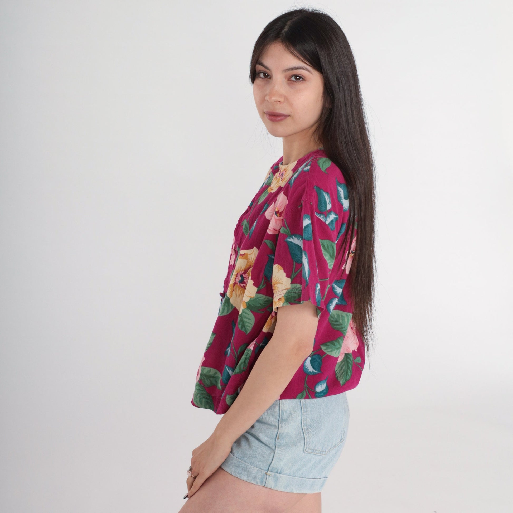 90s Liz Claiborne Floral Button-Up Blouse Fuchsia Pink Short Sleeve Medium