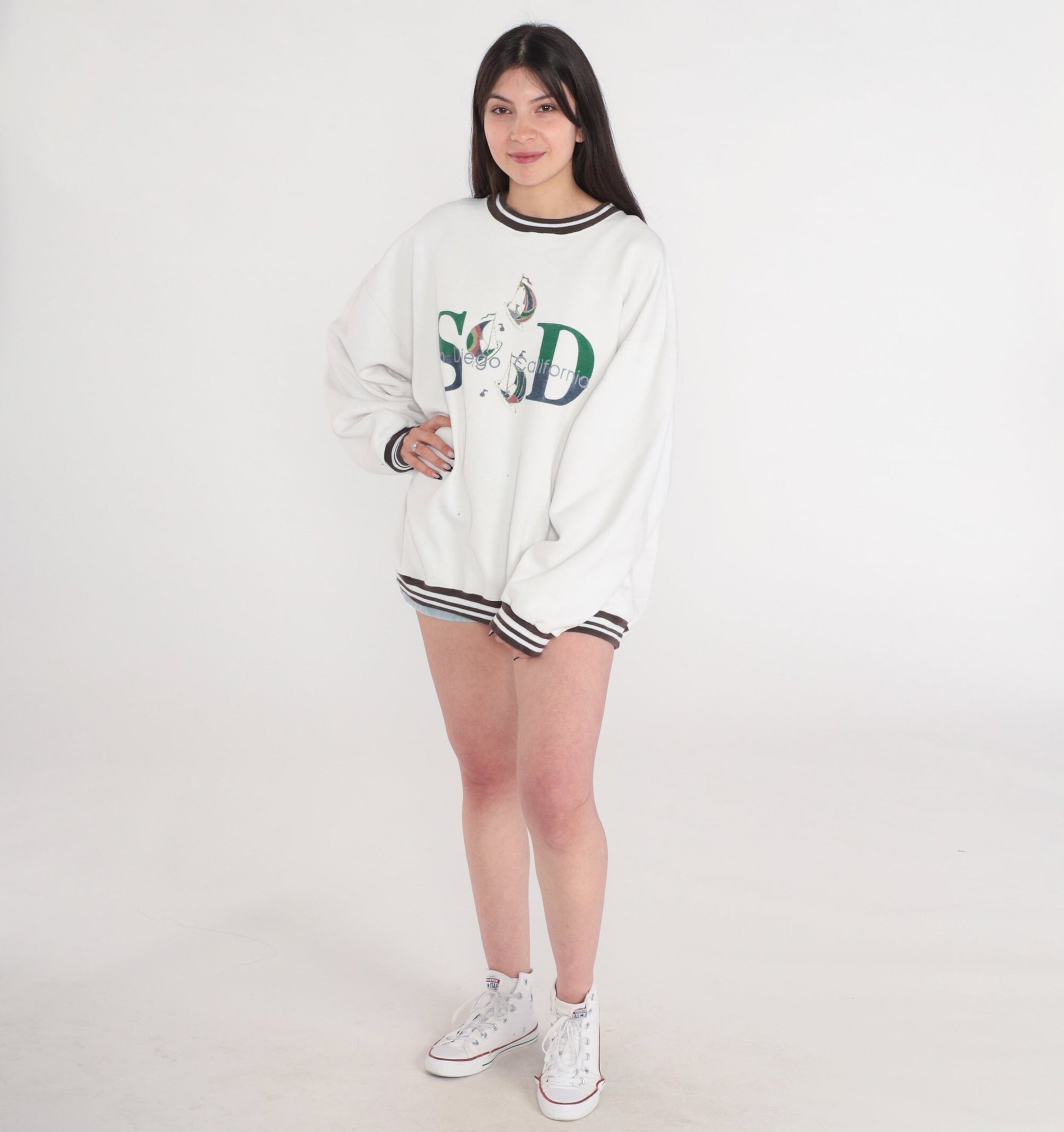 90s San Diego Sailboat Sweatshirt White Brown Graphic Ringer Neck XXL