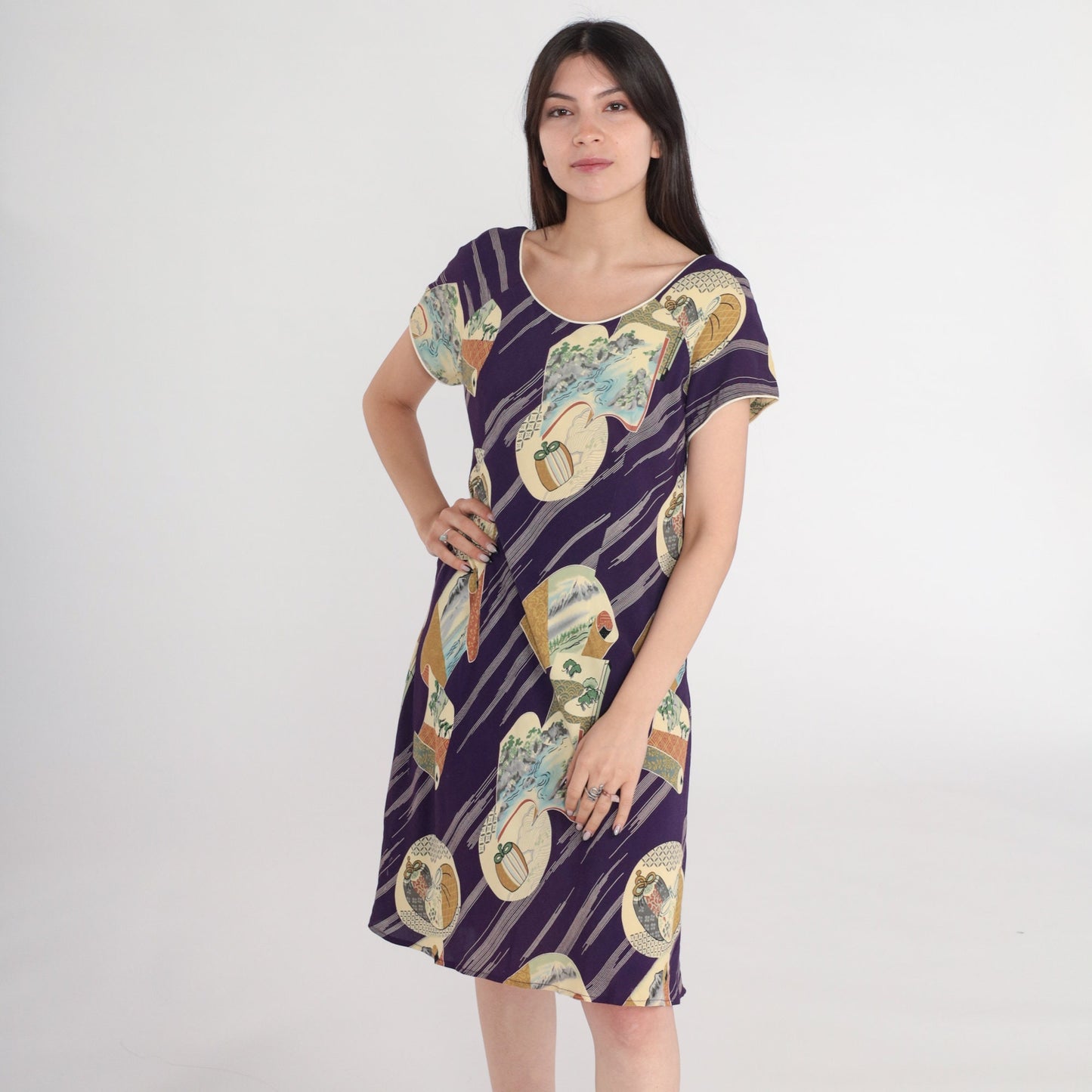90s Japanese Landscape Purple Shift Dress Mini Short Sleeve Small S