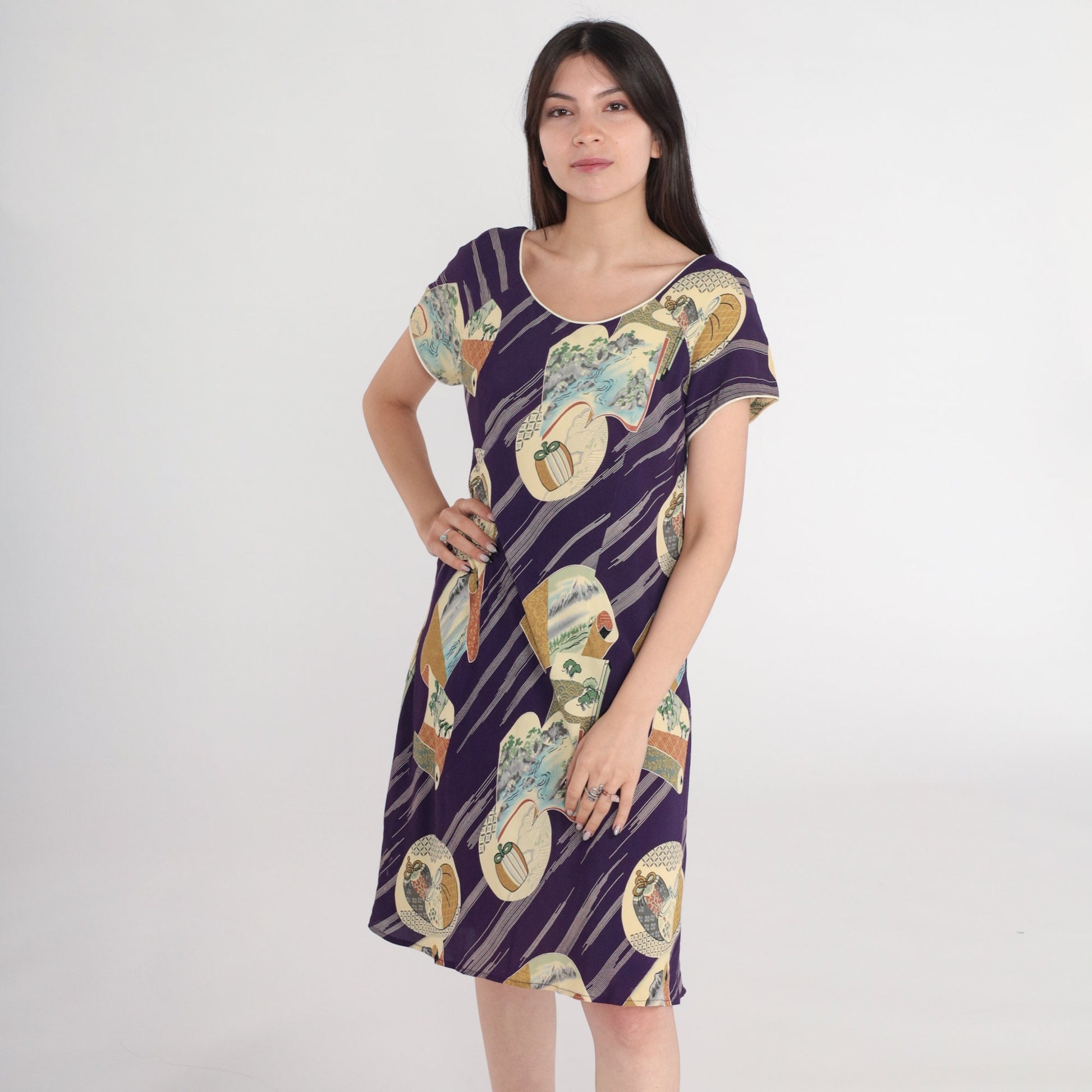 90s Japanese Landscape Purple Shift Dress Mini Short Sleeve Small S