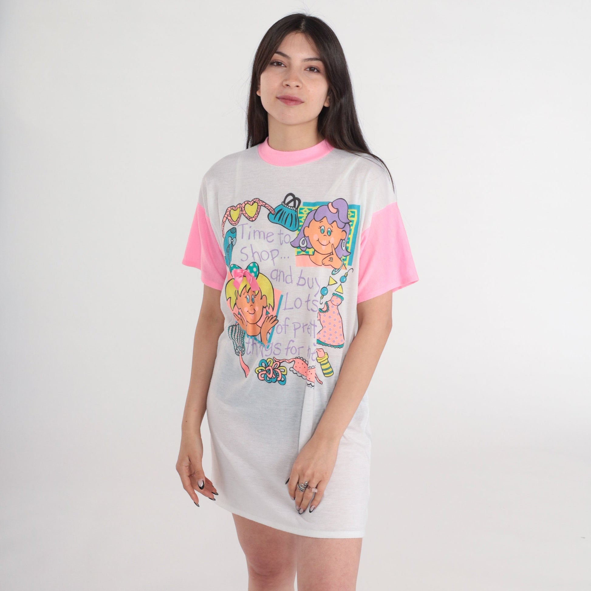 90s Time To Shop Graphic Nightgown Hot Pink Ringer Dress Small Medium