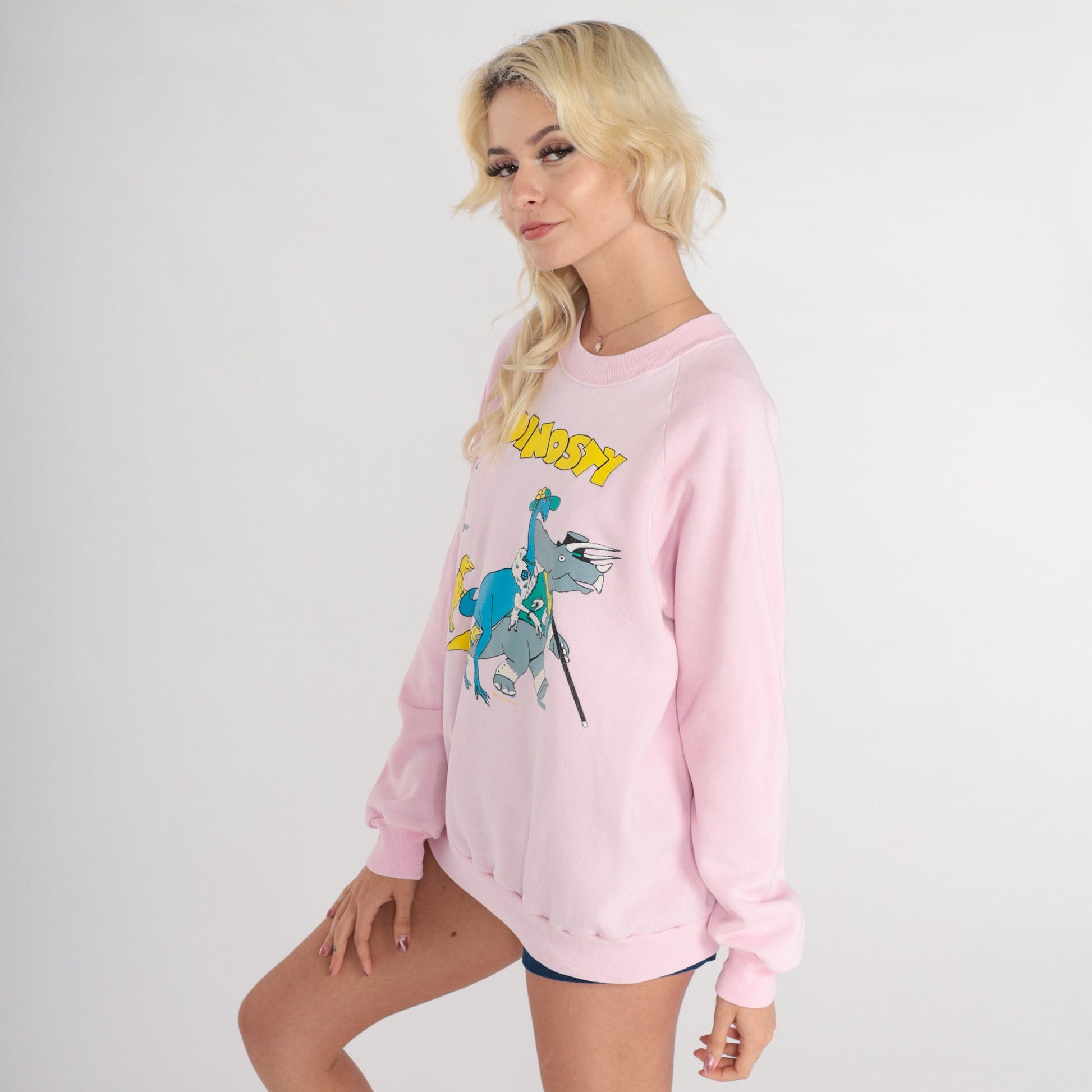 80s Dinosaur Dinosty Pun Raglan Sweatshirt Baby Pink Graphic Crewneck Large