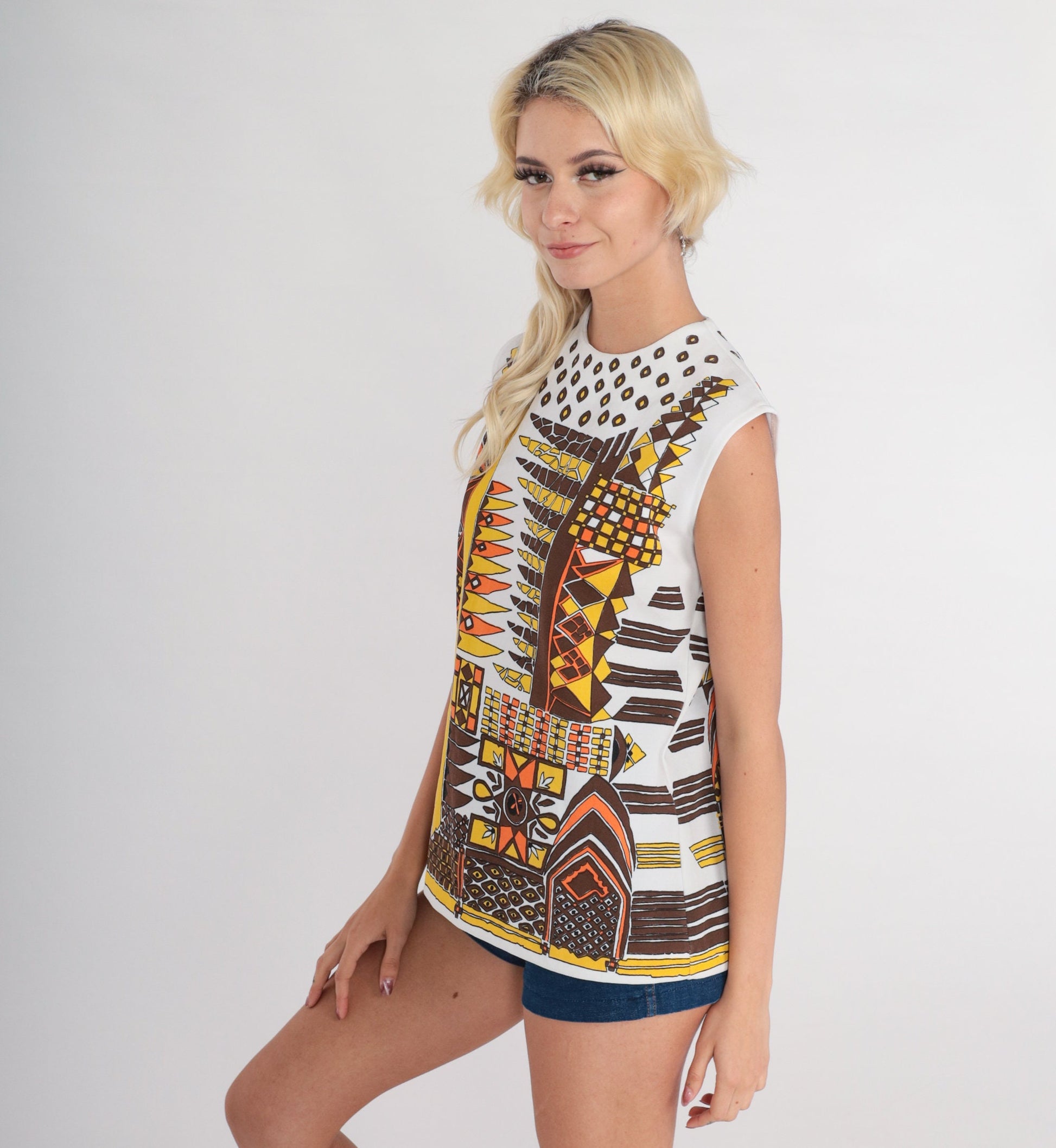 70s Abstract Print Tank Top Sleeveless Blouse White Medium