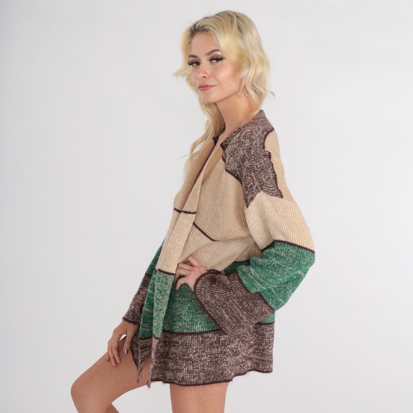 70s Striped Cardigan Open Front Knit Sweater Brown Beige Green Medium Large