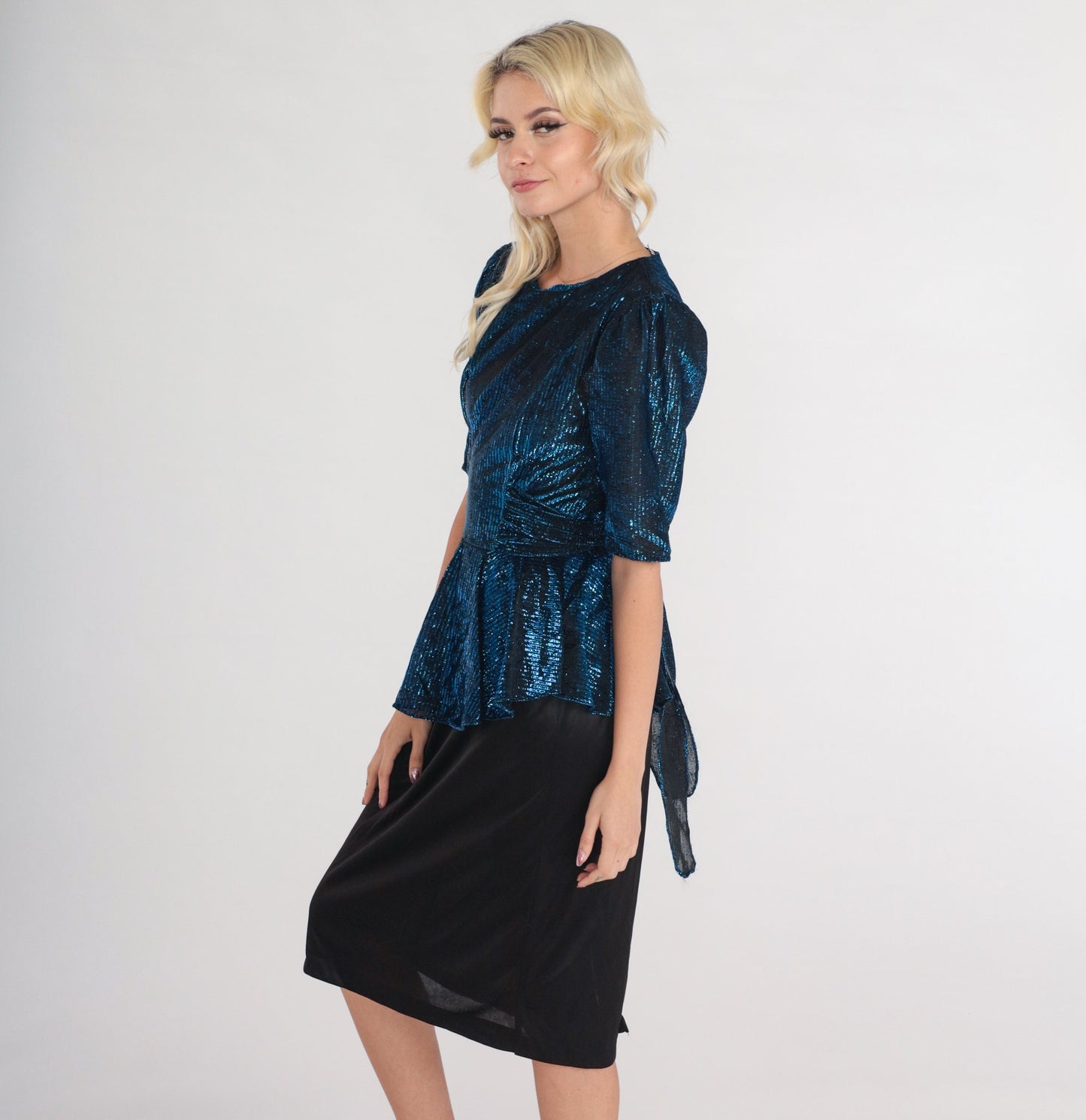 80s Diamonds Run Metallic Peplum Midi Dress Blue Black Puff Sleeve Small