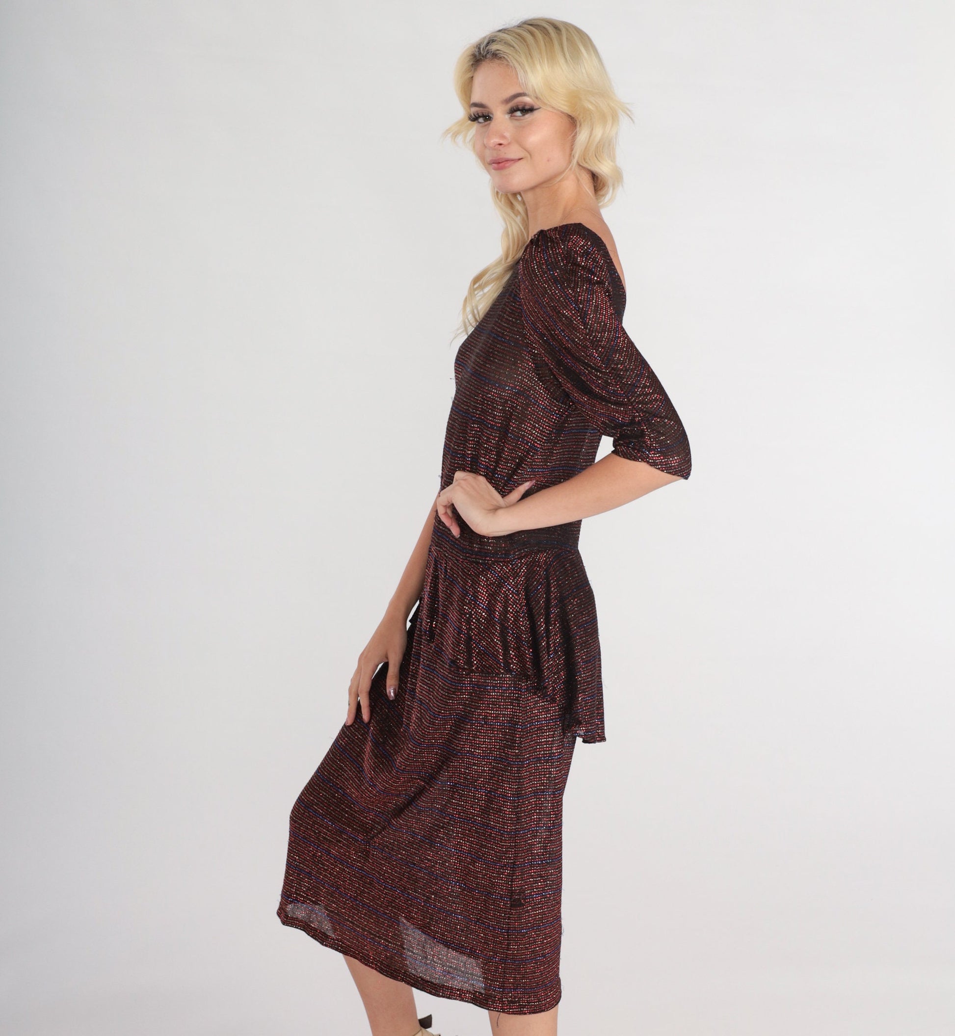 70s Metallic Peplum Midi Dress Puff Sleeve Sparkly Party Cocktail Small S
