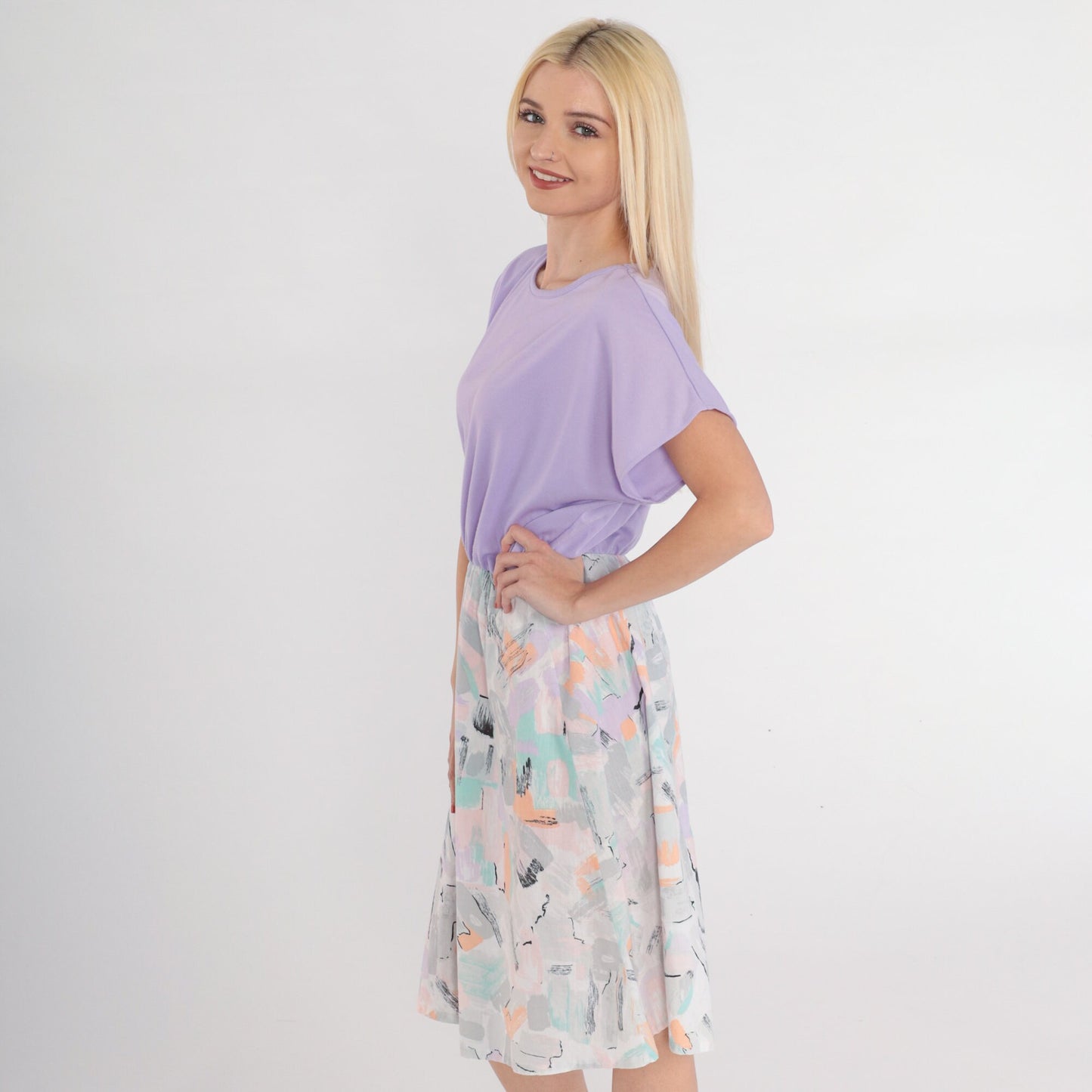 80s Purple Midi Dress Abstract Brushstroke Print High Waist Short Sleeve Medium