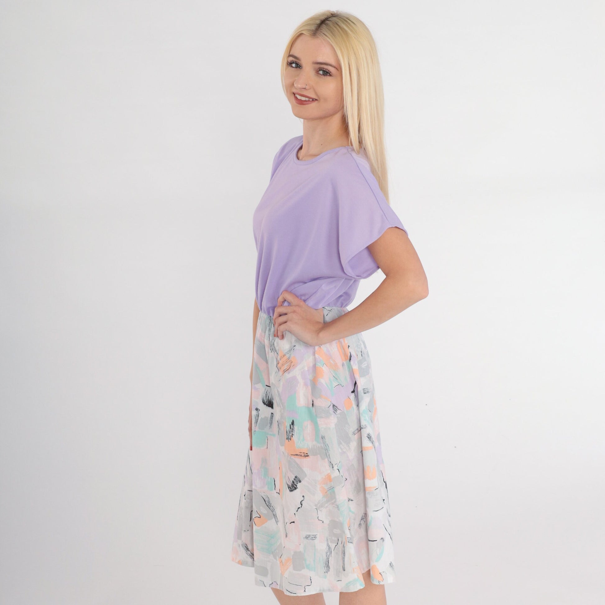 80s Purple Midi Dress Abstract Brushstroke Print High Waist Short Sleeve Medium