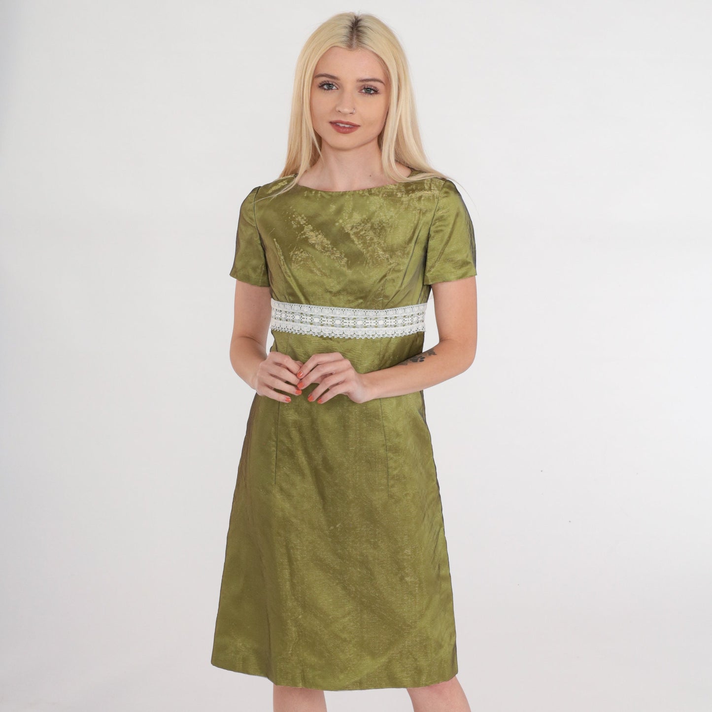 60s Iridescent Green Mini Dress Empire Waist Lace Trim Short Sleeve Extra Small