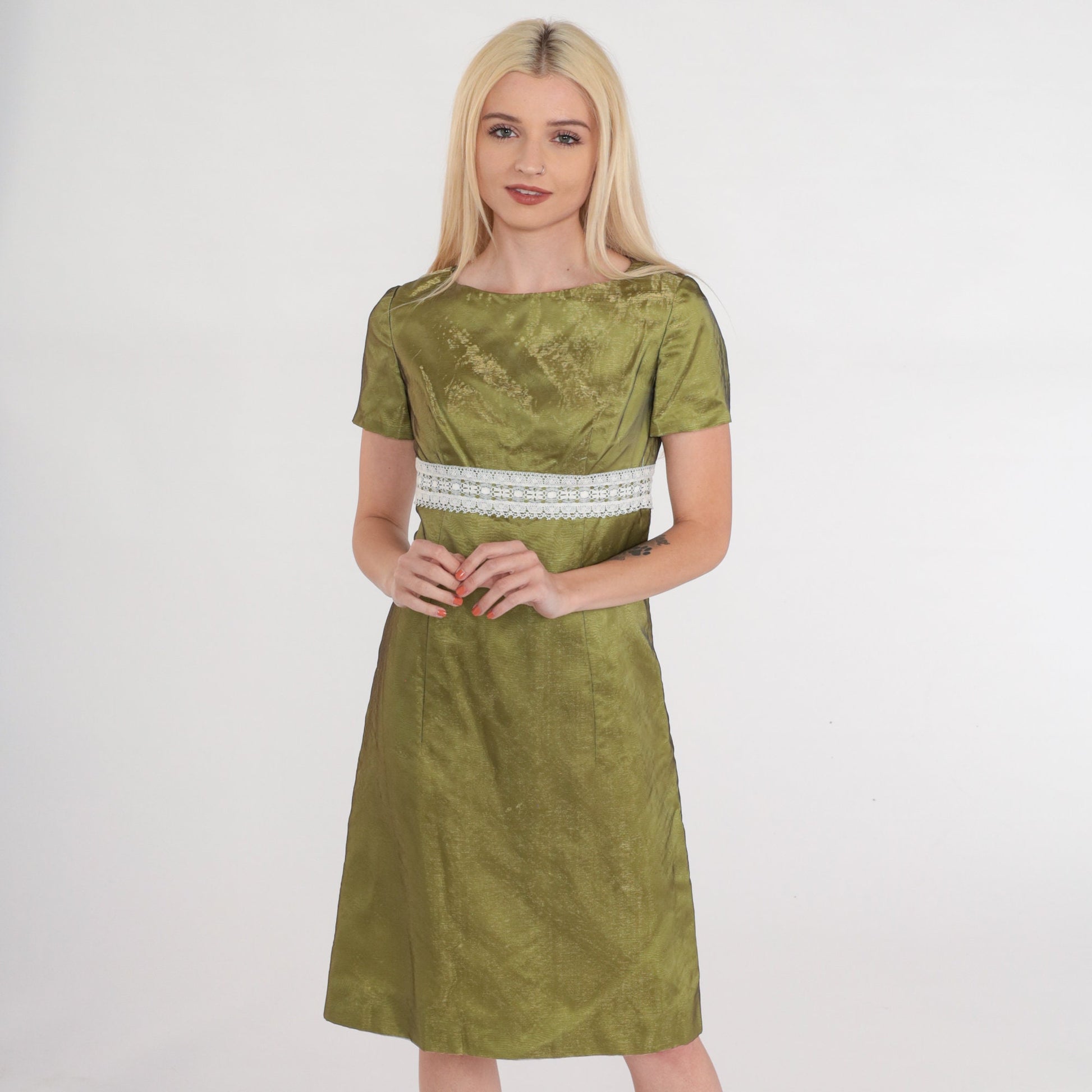 60s Iridescent Green Mini Dress Empire Waist Lace Trim Short Sleeve Extra Small