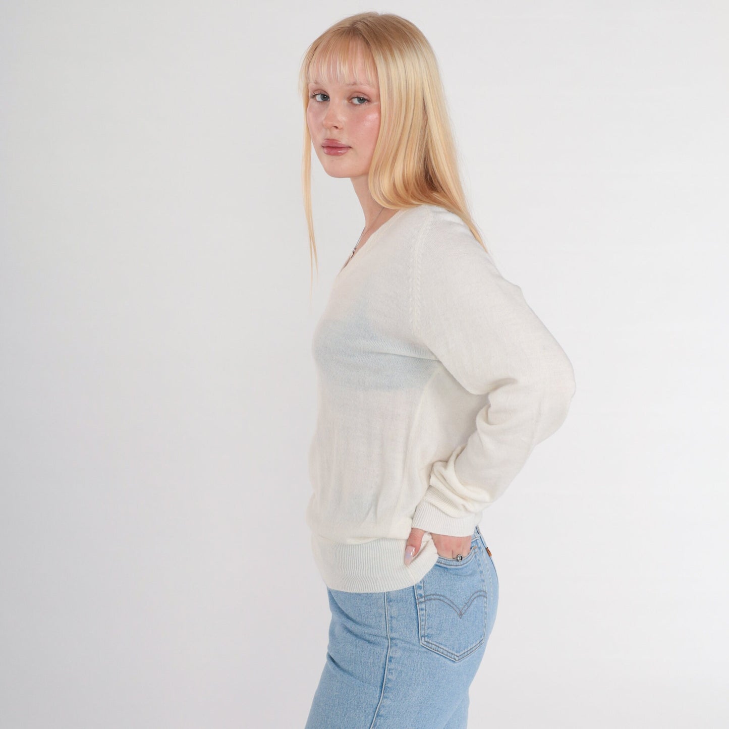 80s White V-Neck Knit Pullover Sweater Semi-Sheer Small S