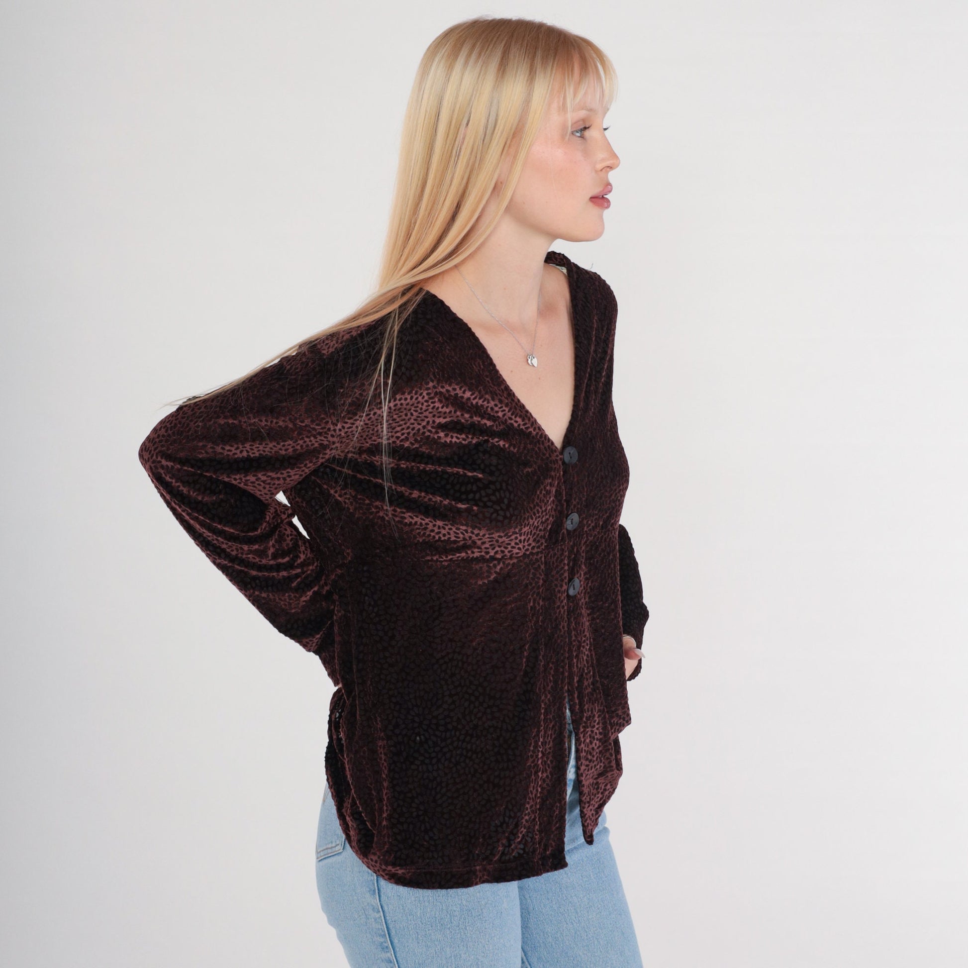 Y2K Wine Velvet Burnout Blouse Leopard Print Button-Up Long Sleeve V-Neck Extra Small