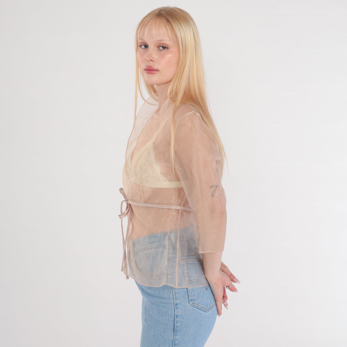 00s Sheer Tan Organza Jacket Tie Front Long Sleeve Medium Large