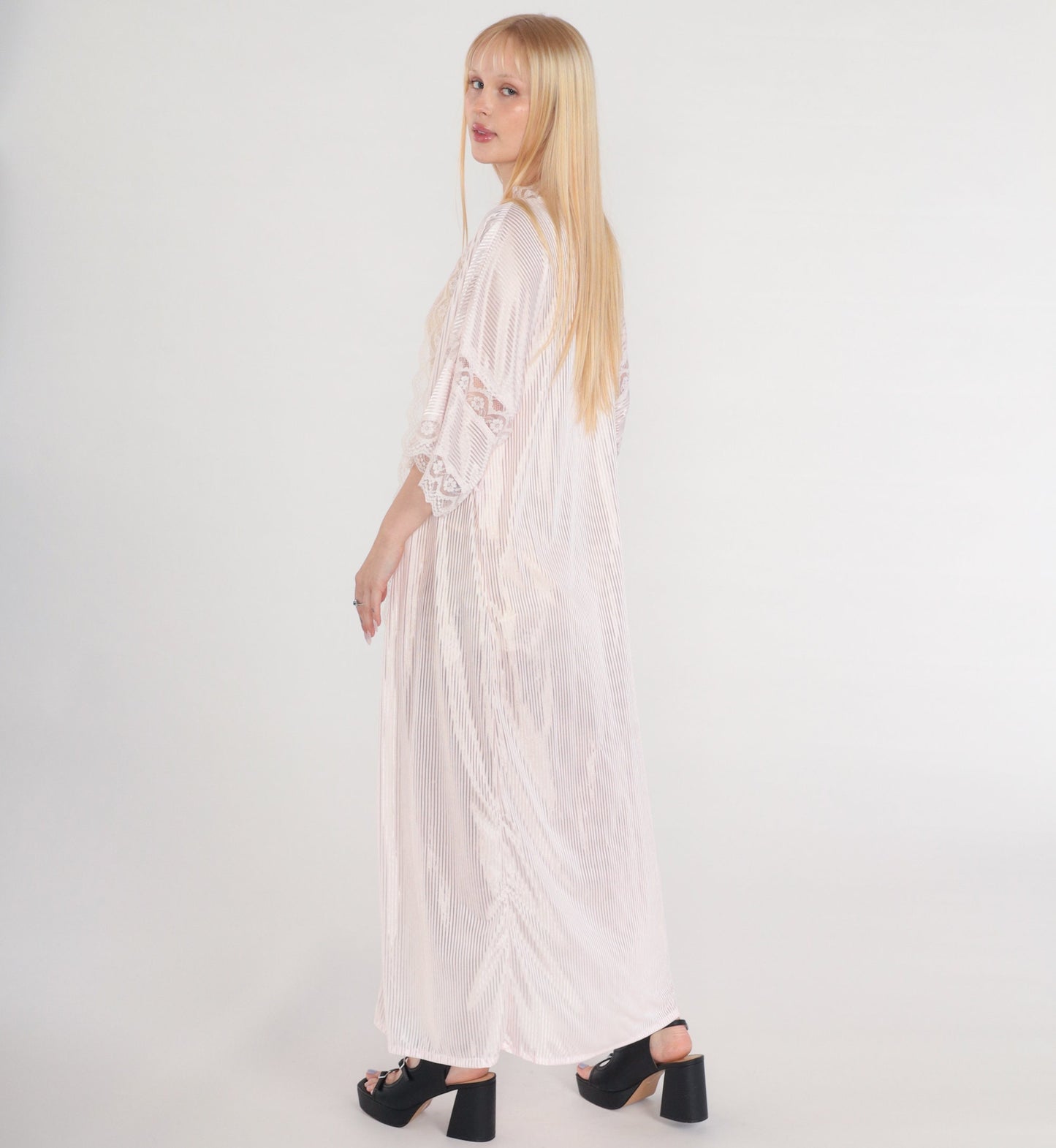 80s Fredricks of Hollywood Pink Lace Maxi Robe Semi-Sheer Open Front Medium