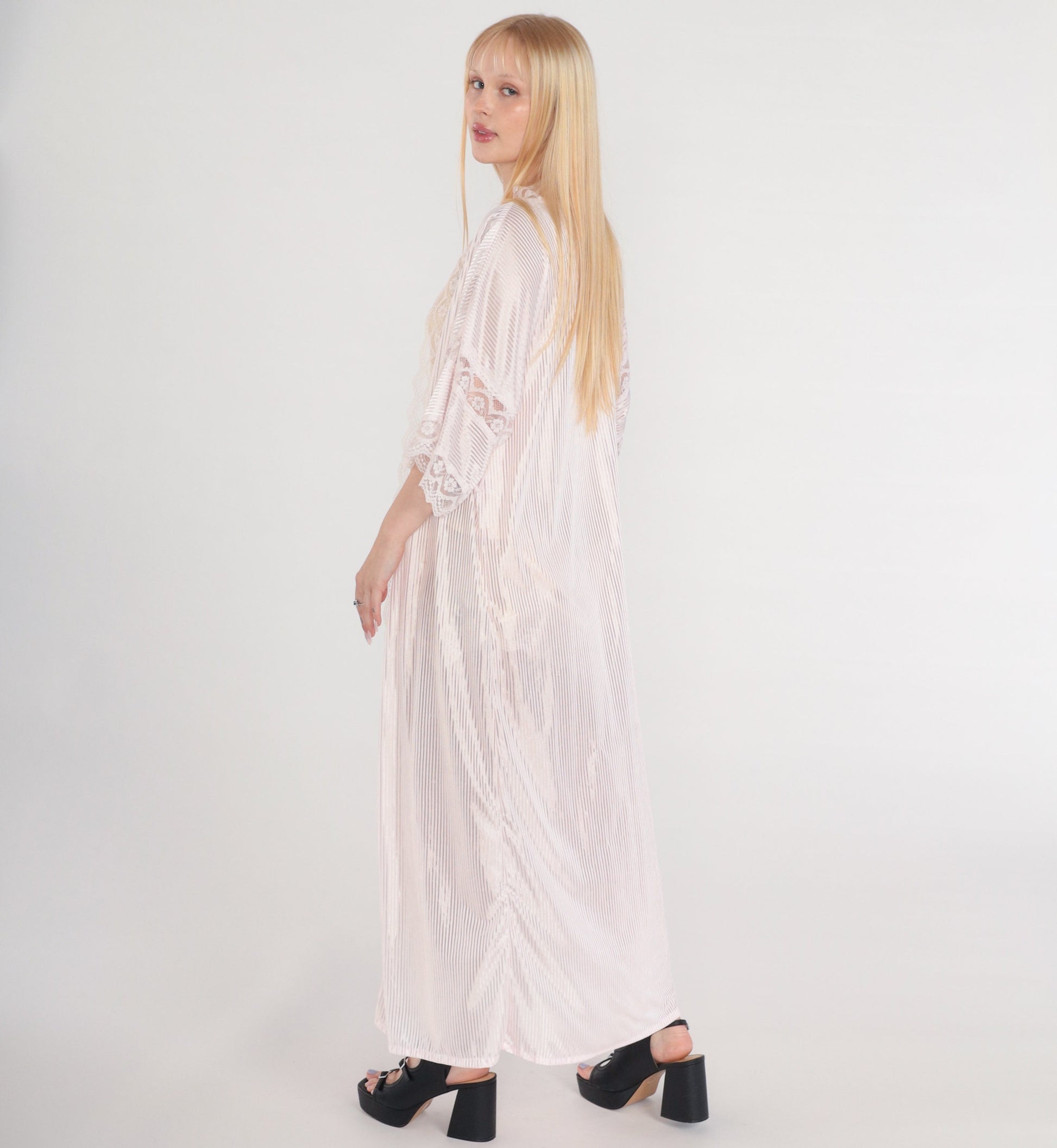80s Fredricks of Hollywood Pink Lace Maxi Robe Semi-Sheer Open Front Medium