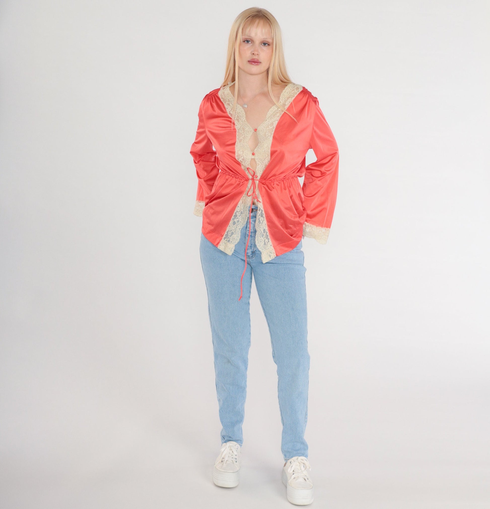 70s Coral Nylon Lace Pajama Top Button-Up Bed Jacket Long Sleeve Medium