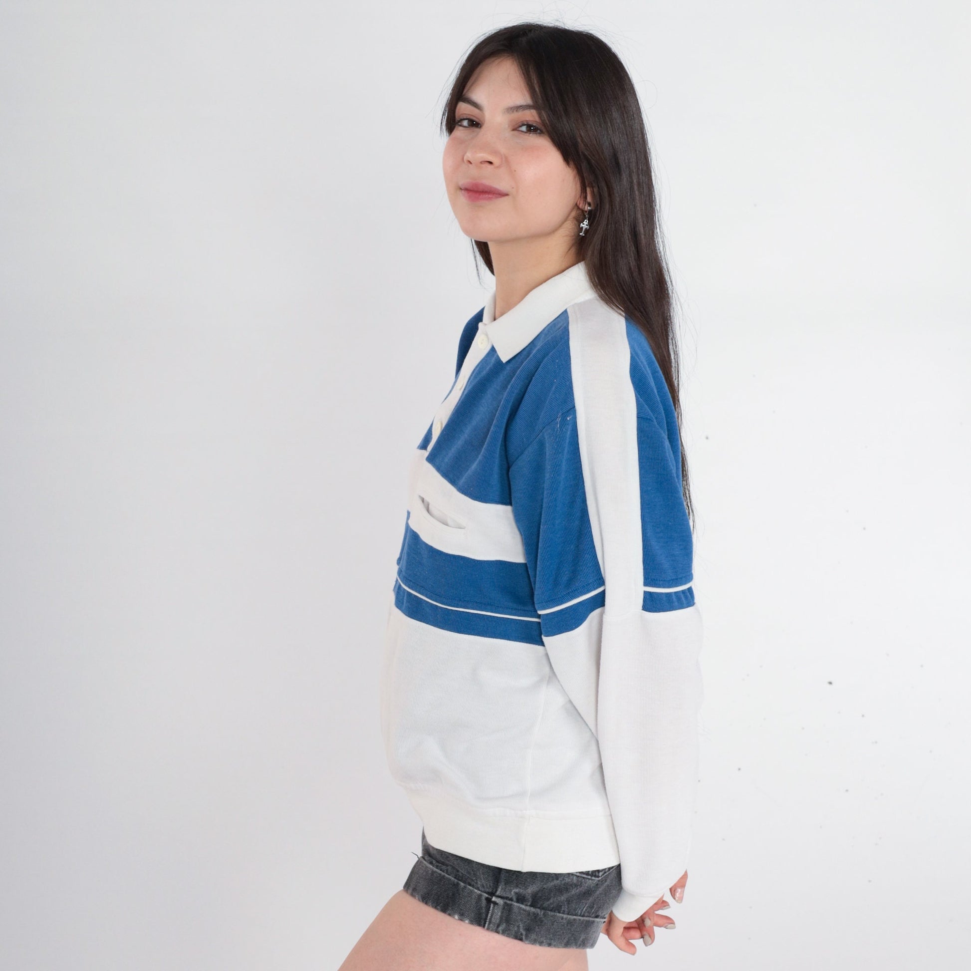 90s Polo Colour Block Striped Sweatshirt White Blue Button Pullover Medium