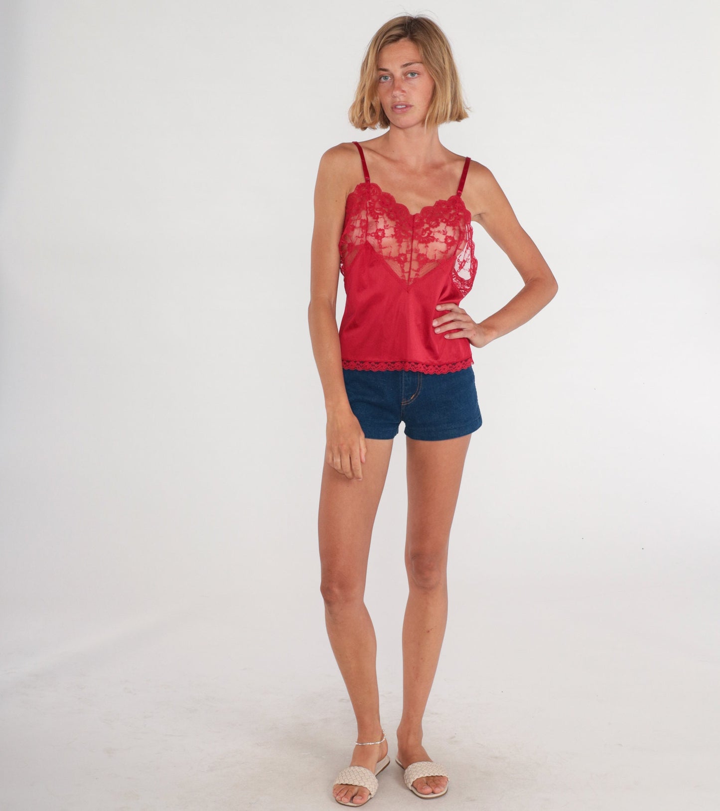 80s Body Chic Red Lace Camisole Tank Top Sheer Nylon Medium
