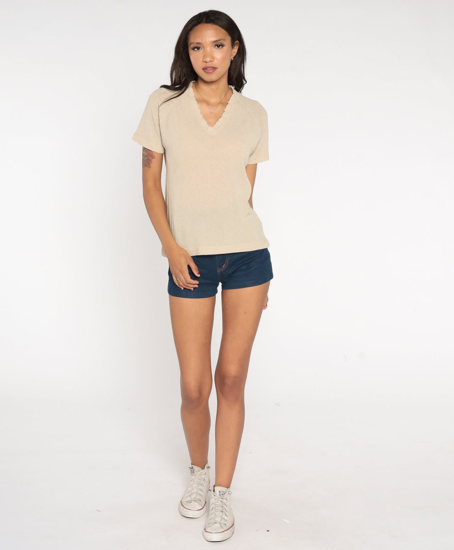 80s Beige V-Neck Raglan Sleeve T-Shirt Medium
