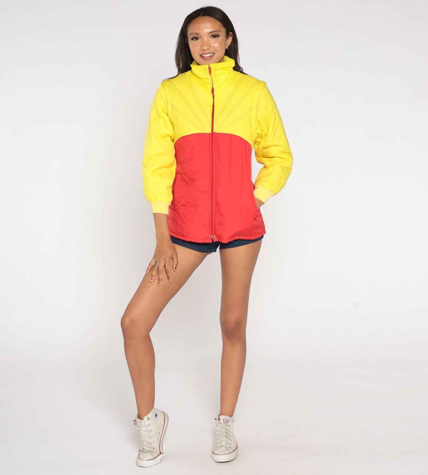 70s Yellow Red Colour Block Puffer Ski Jacket Convertible Zip Sleeves Extra Small