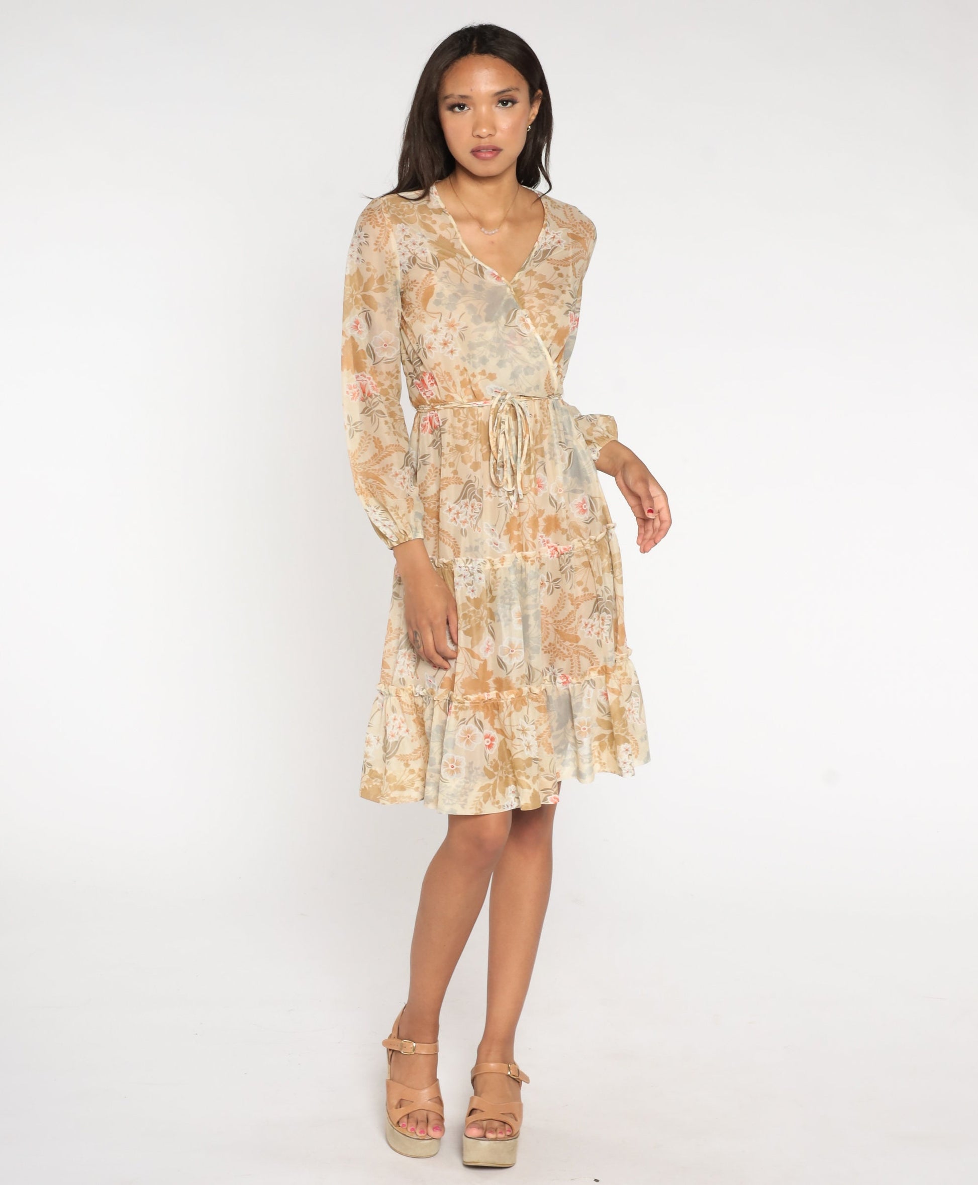 70s Sheer Floral Midi Dress Faux Wrap V Neck Tiered Long Sleeve Cream Small