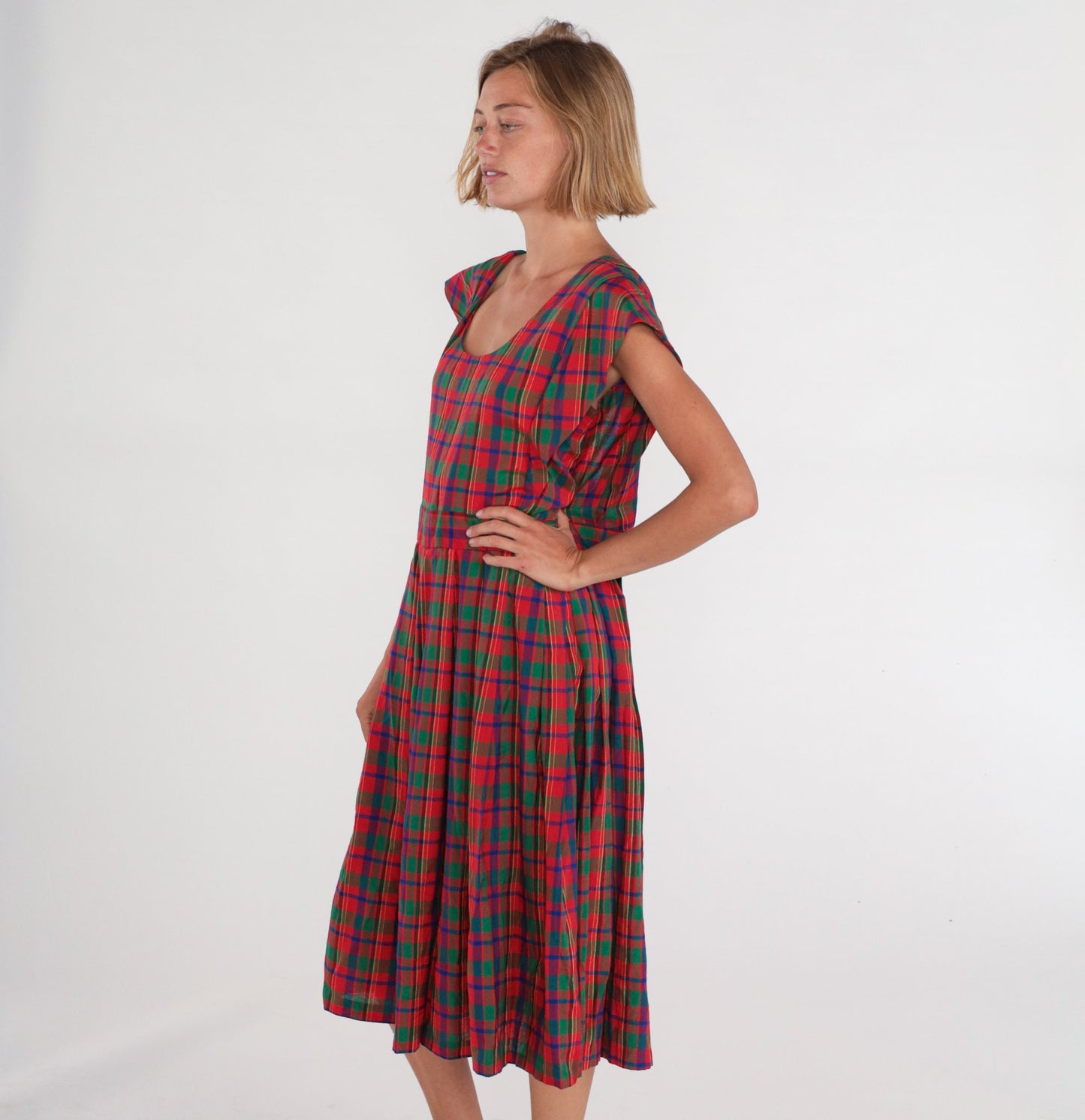 80s Red Green Plaid Pinafore Midi Dress High Waist Cap Sleeve Extra Large XXL