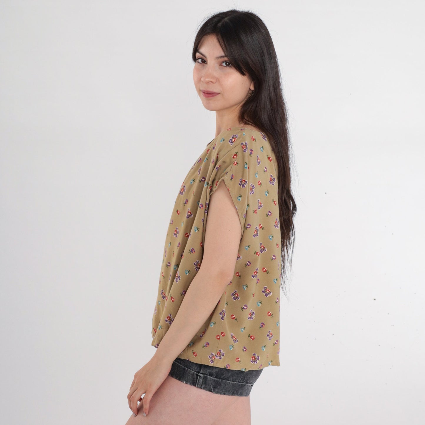 80s Floral Cap Sleeve Blouse Taupe Rayon Flower Print Top Large L