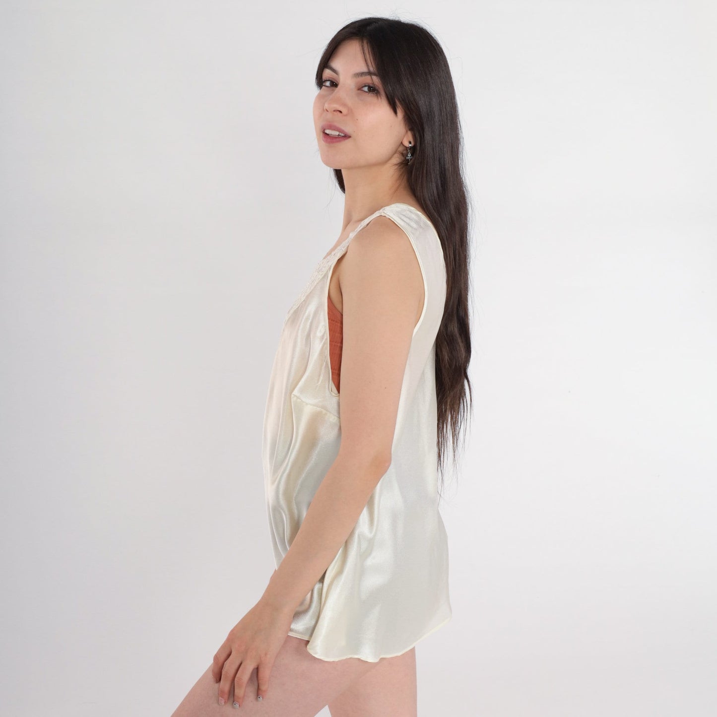 90s White Satin Camisole Tank Top with Crochet Lace Trim Large L